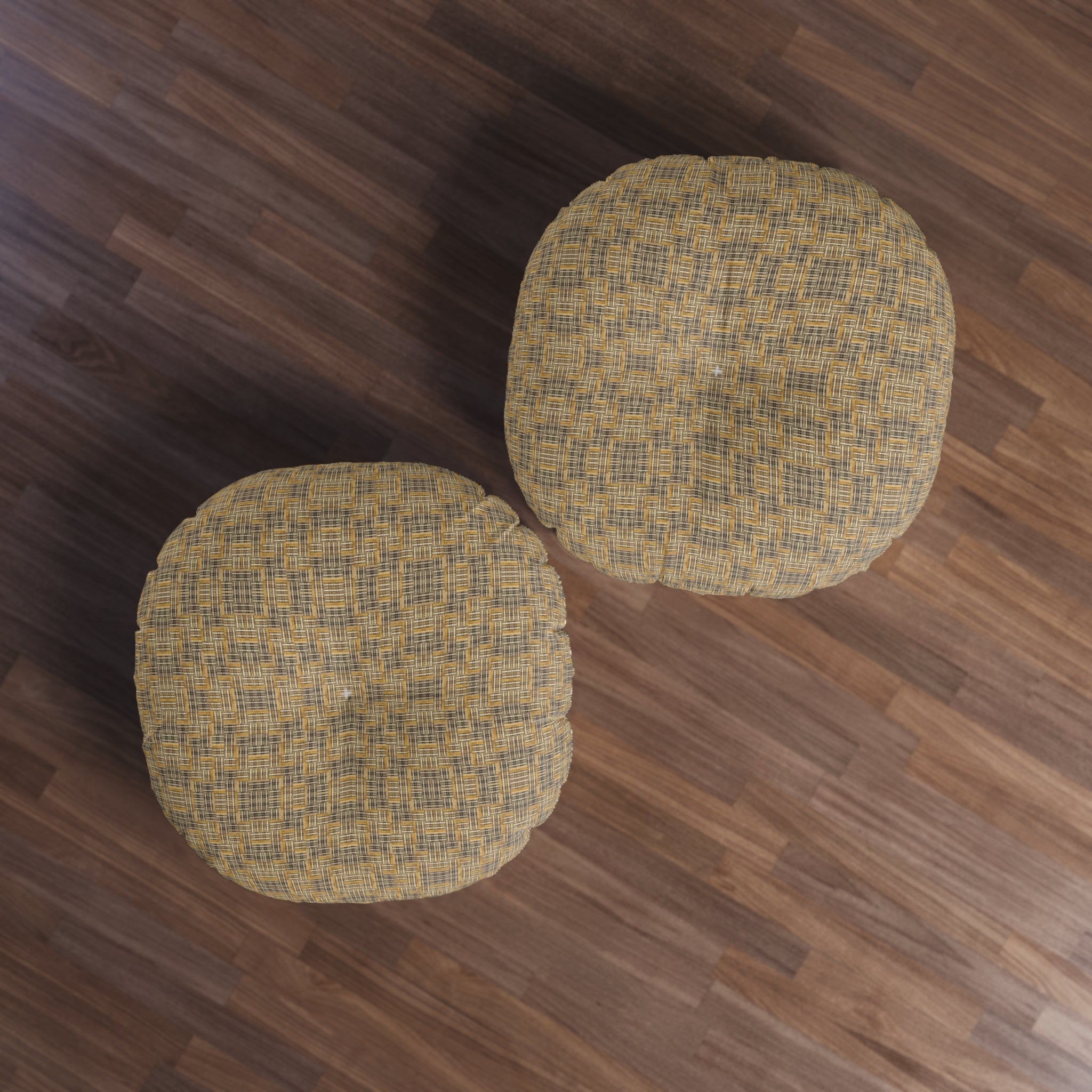 “All Things Fall Apart” Round Tufted Floor Pillow Rustic Plaid Yellow & Brown Boho Cushion