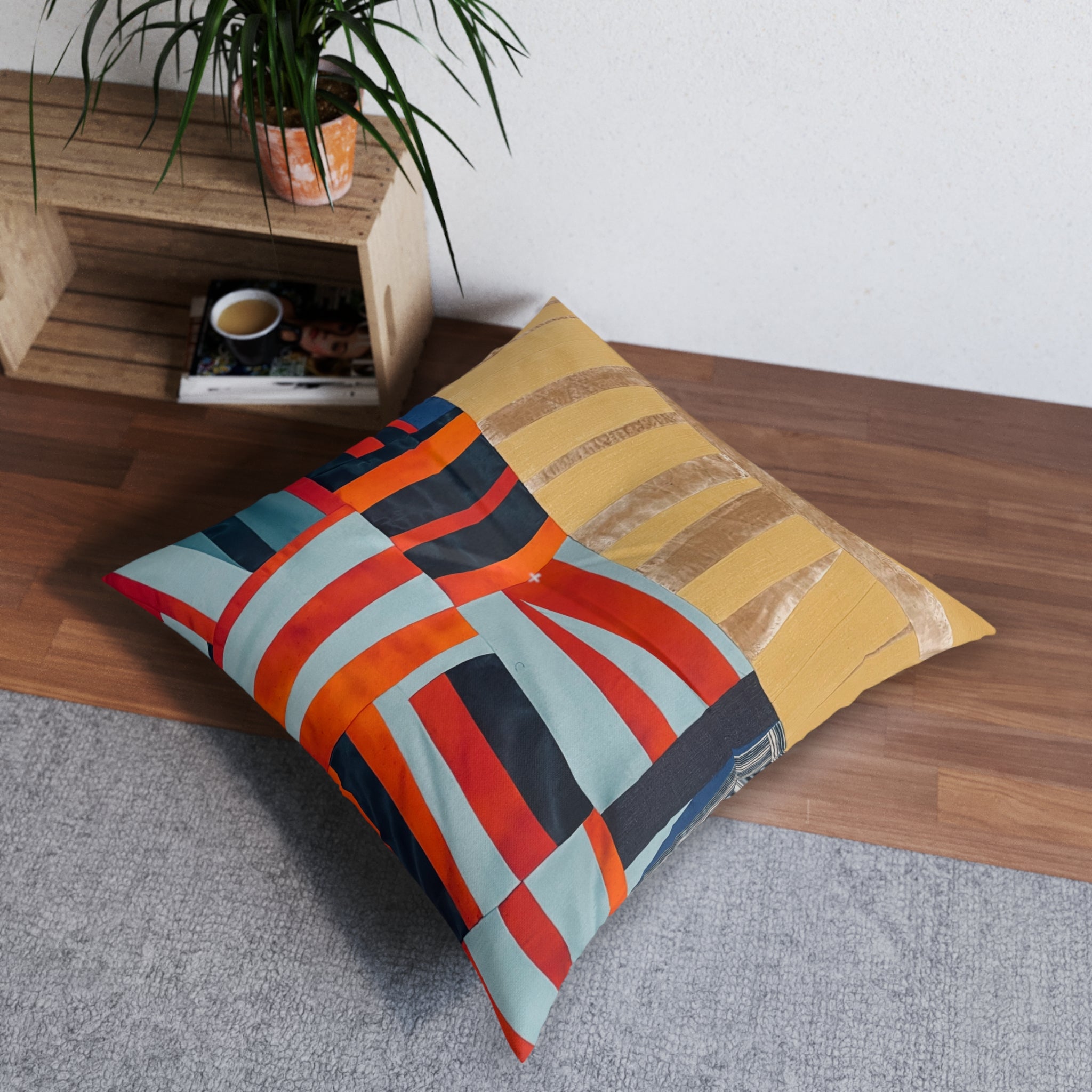 "Hannah and Samuel" Abstract Patchwork Floor Pillow — Geometric Tufted Square Cushion