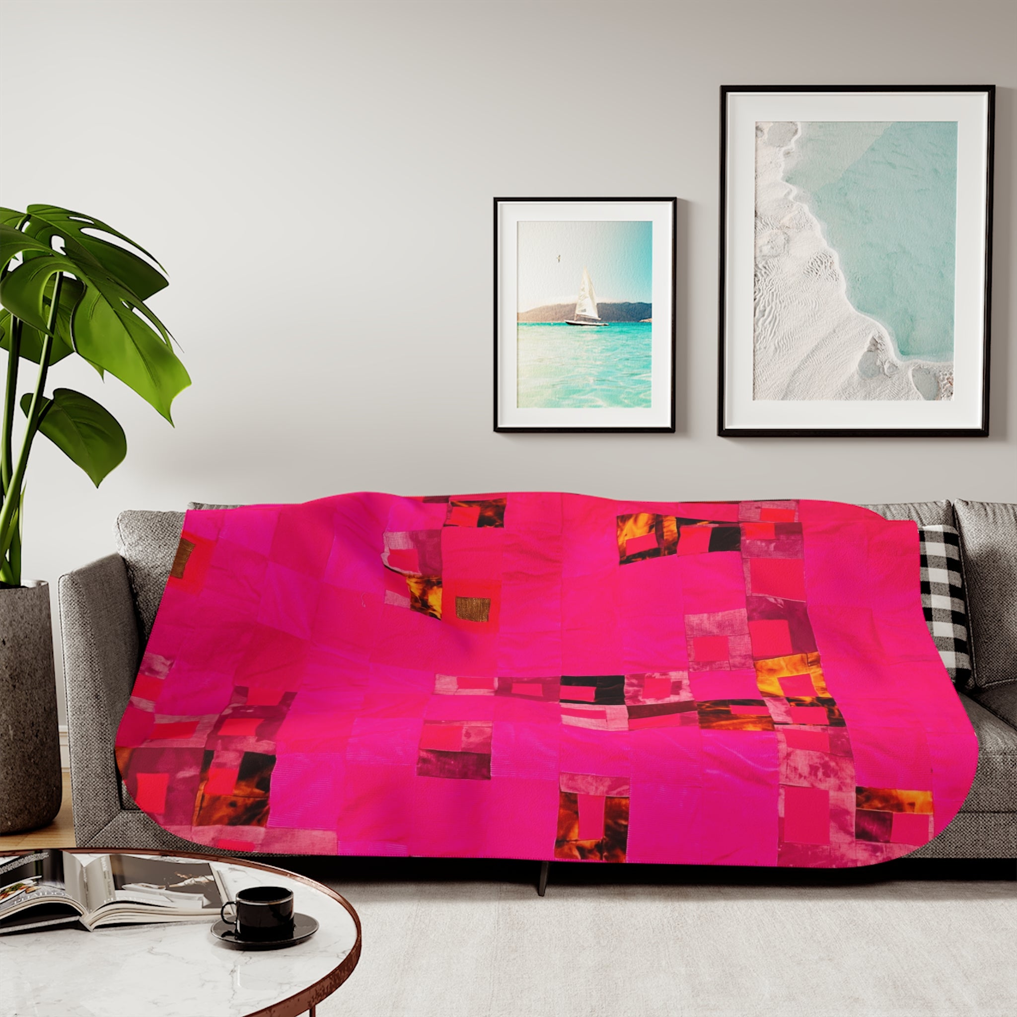 "Lela Lela" Hot Pink Abstract Patchwork Sherpa Blanket - Cozy Throw for Living Room & Gifts