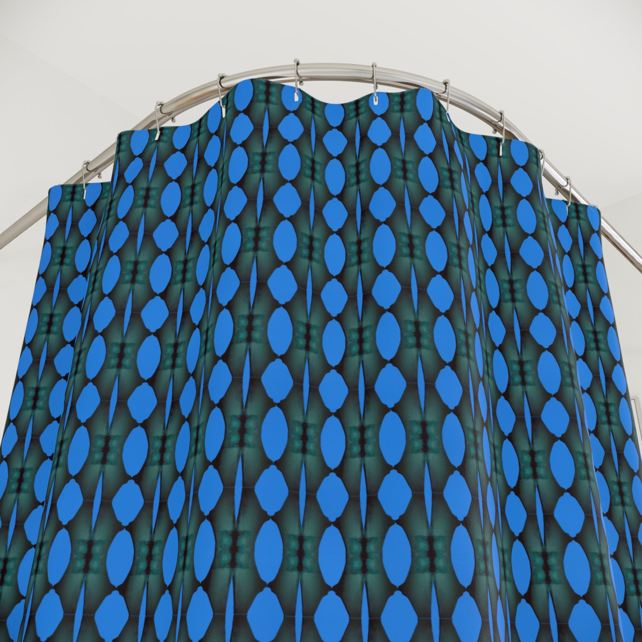 "Where Are We Going?" Blue Retro Dot Pattern Shower Curtain — Midcentury Modern Geometric Bathroom Decor