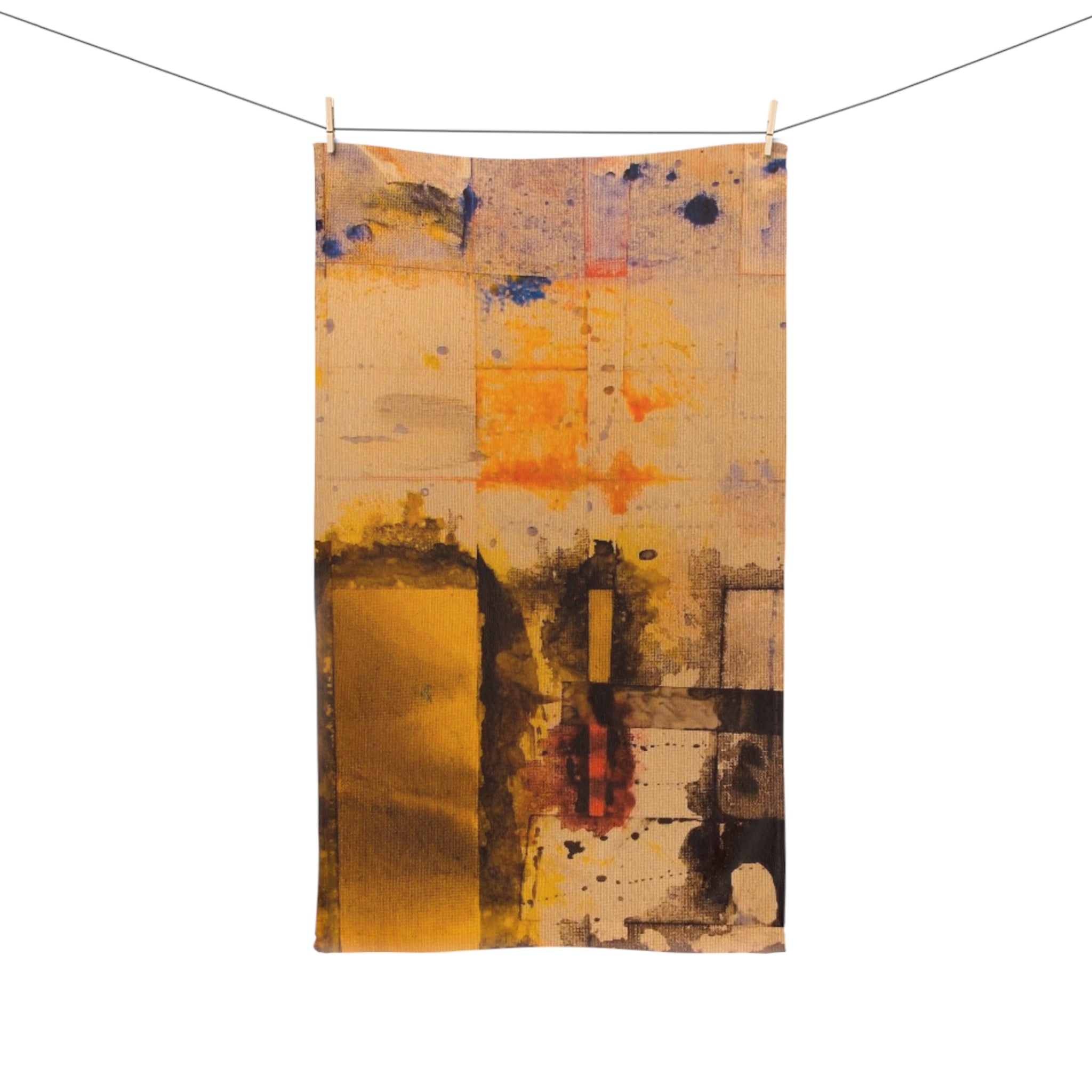 "Dance In The Rain" Abstract Gold Art Hand Towel — Modern Painterly Kitchen & Bath Accent