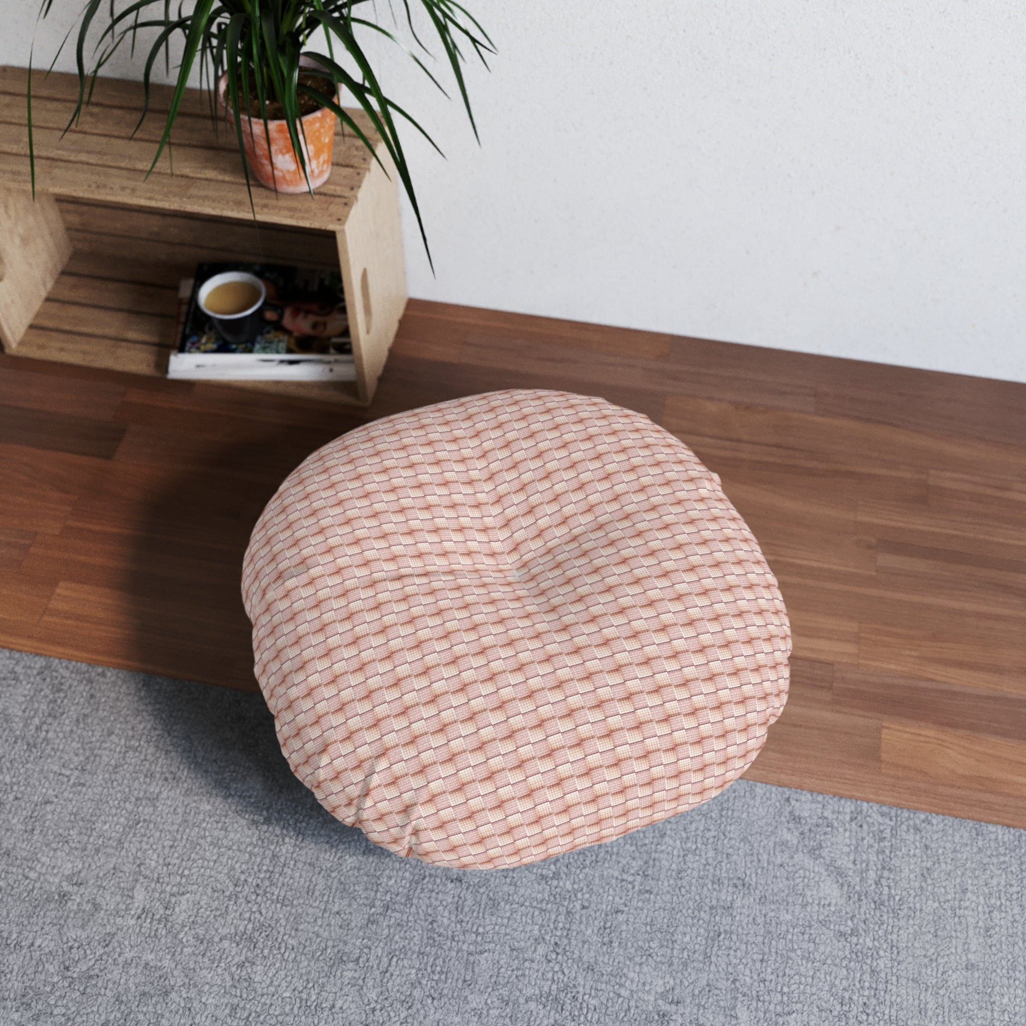 "Grandma Rose" Round Tufted Floor Pillow — Pink Blush Knit Texture Checkered Textile Accent Cushion