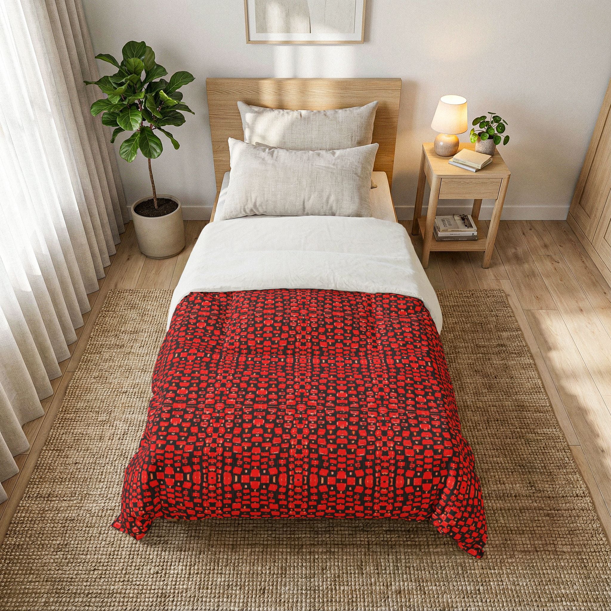 "Japanese Cherry Blossom" Red Dotted Quilt Coverlet — Cozy Geometric Cotton Comforter