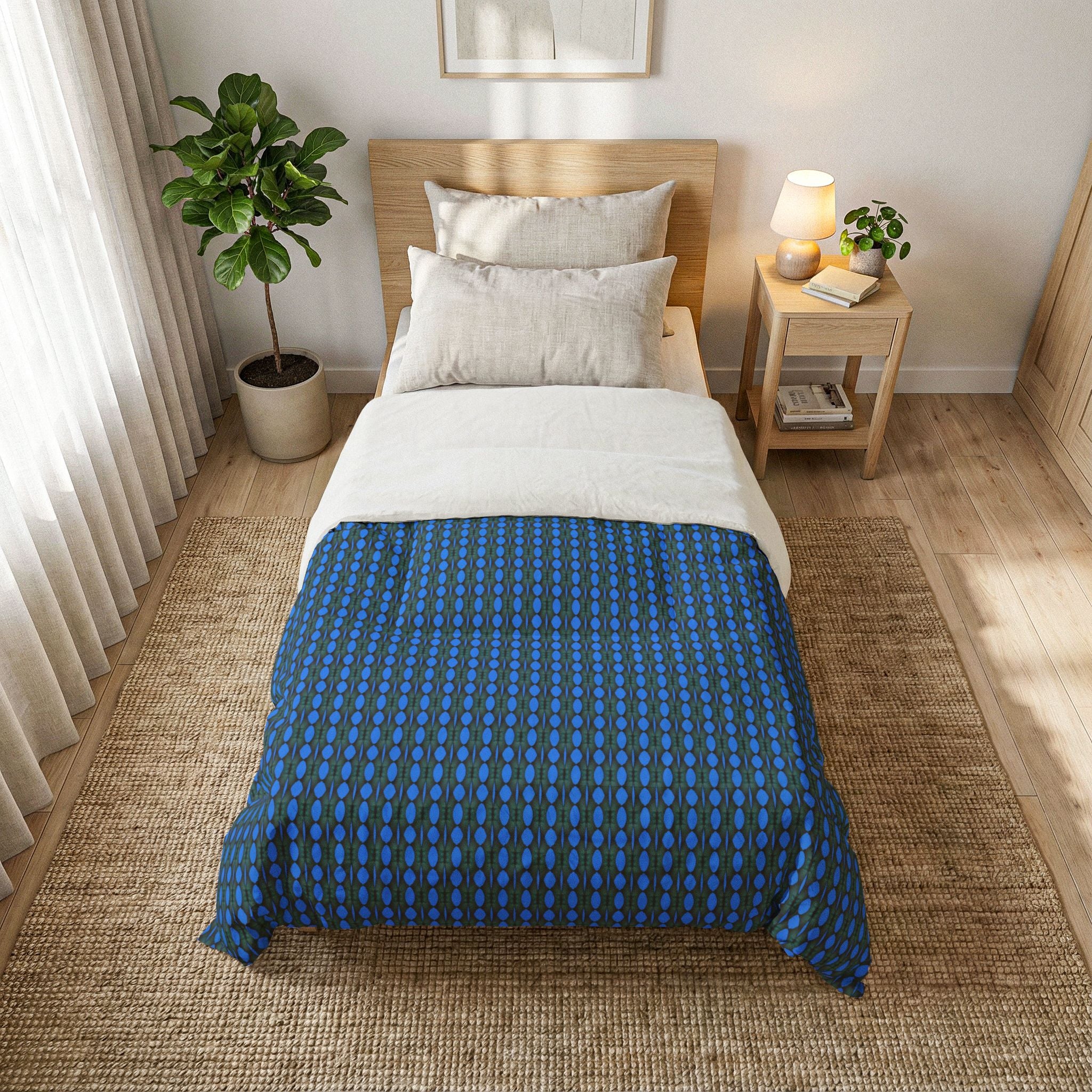 "Where Are We Going?" Blue Geometric Cotton Comforter – Modern Dot Pattern Bedspread