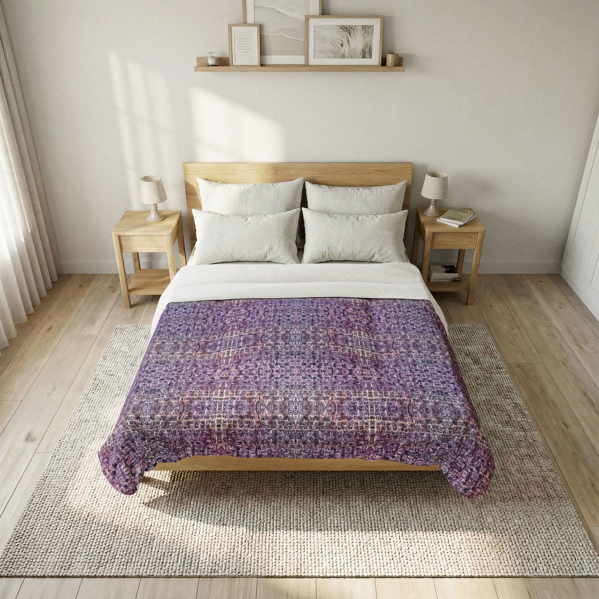 "Pauline, My Love" Purple Mosaic Cotton Comforter – Boho Floral Pattern Bedspread