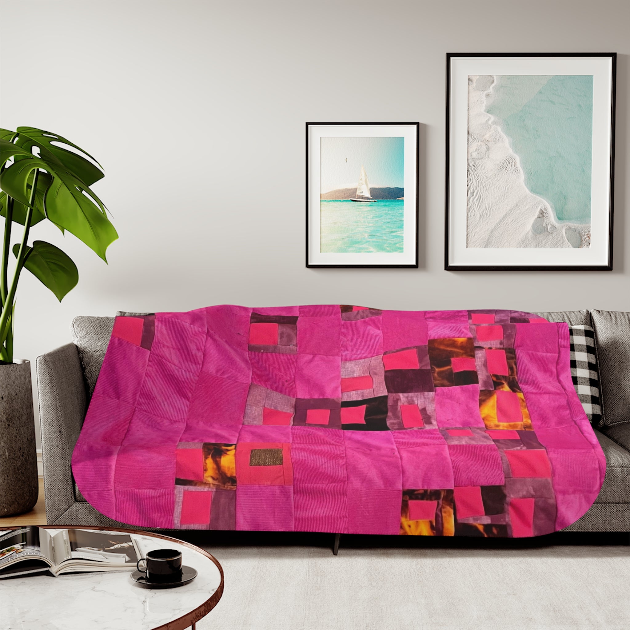 "Lela" Pink Geometric Sherpa Blanket — Cozy Fleece Throw with Abstract Patchwork