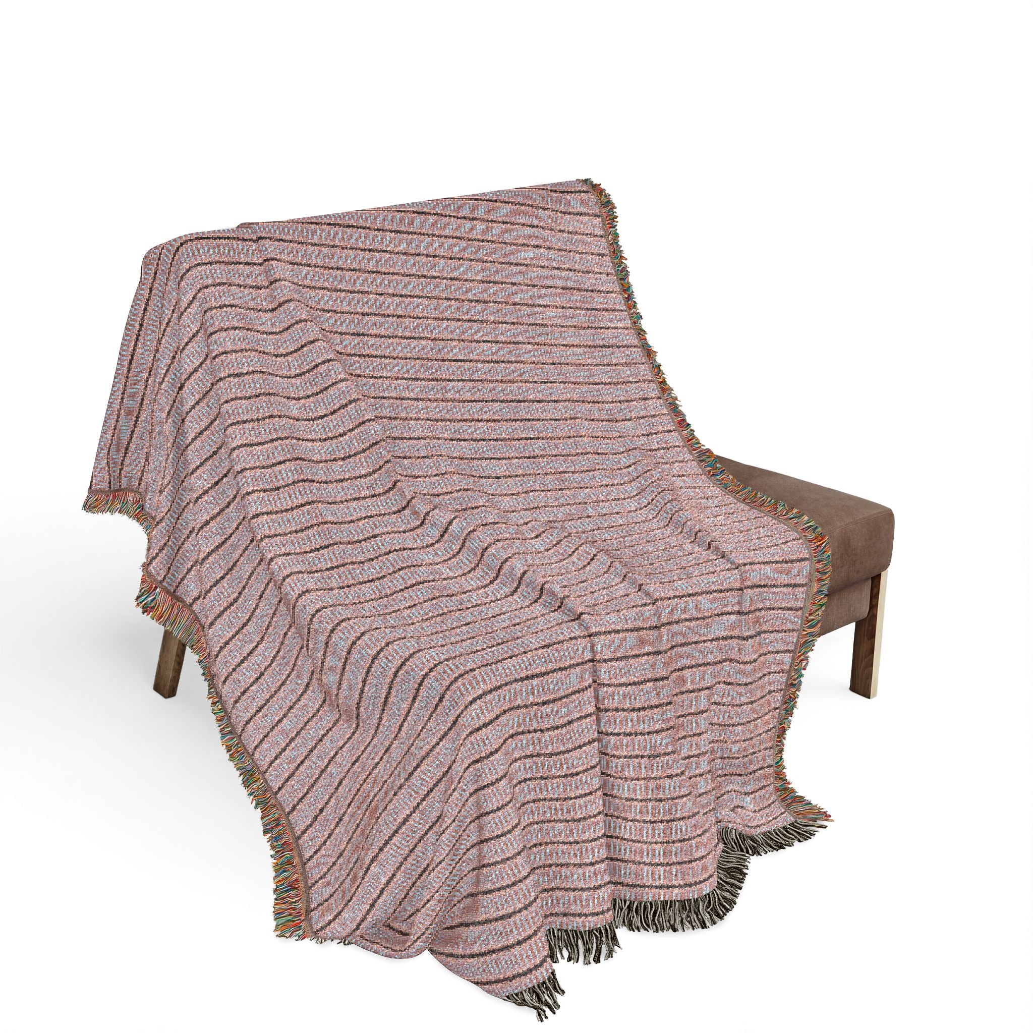 "The Nike of Samothrace" Coral, Grey, Blue Striped Woven Throw Blanket — Cozy Fringe Accent for Living Room & Bedroom