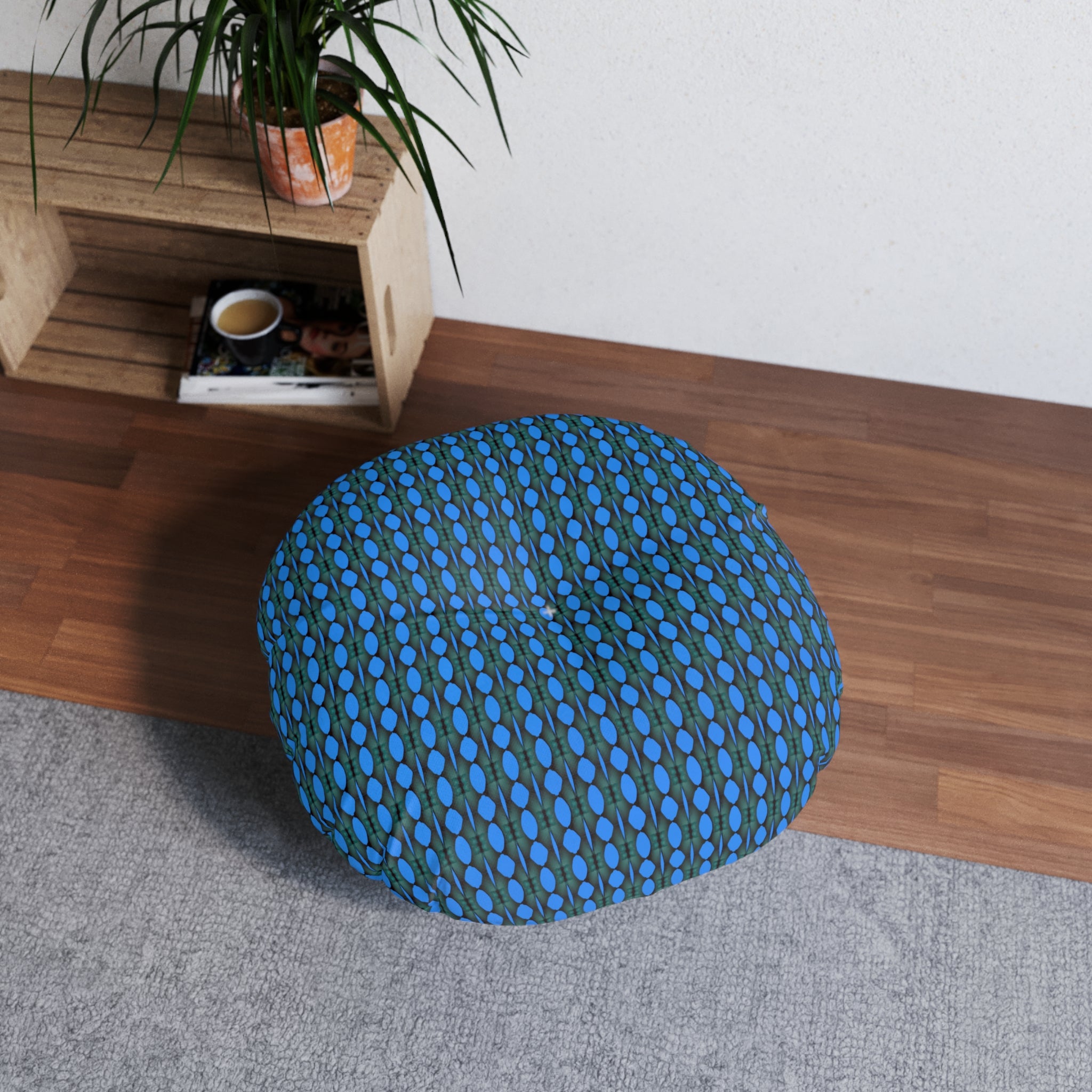 "Where Are We Going?" Round Tufted Floor Pillow — Blue Retro Dot Pattern, Cozy Boho Seating Cushion