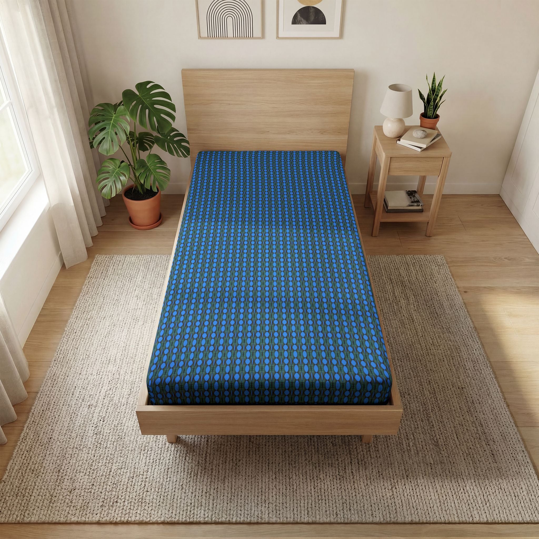 "Where Are We Going?" Blue Geometric Dot Fitted Sheet — All-Over-Print Twin Bed Sheet
