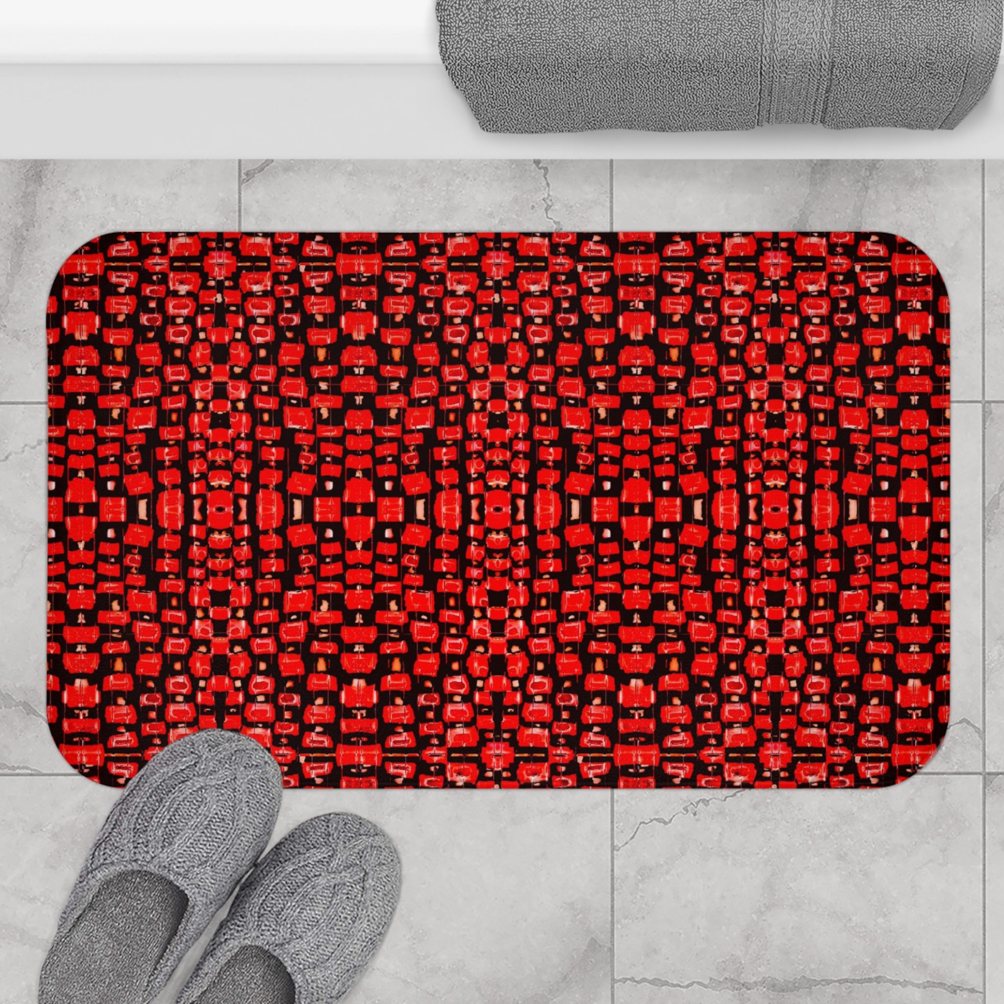 "Japanese Cherry Blossom" Red Mosaic Bath Mat — Modern Geometric Non-Slip Bathroom Rug