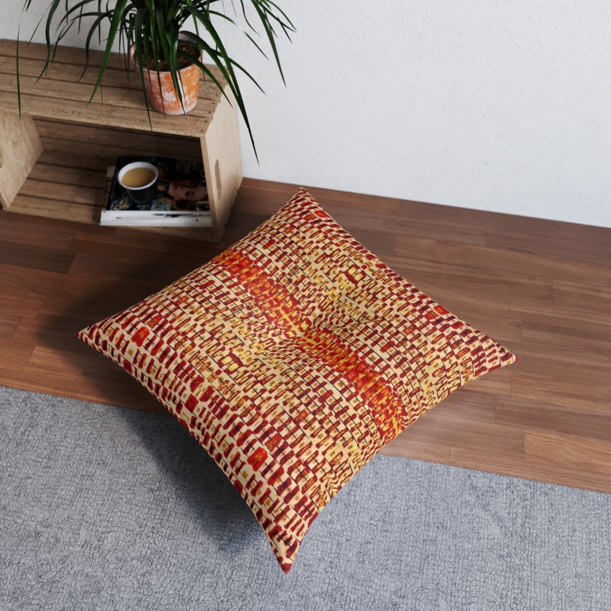 "Queen Mother" Gold and Bronze Boho Woven Stripe Tufted Floor Pillow — Warm Rust & Gold Square Cushion