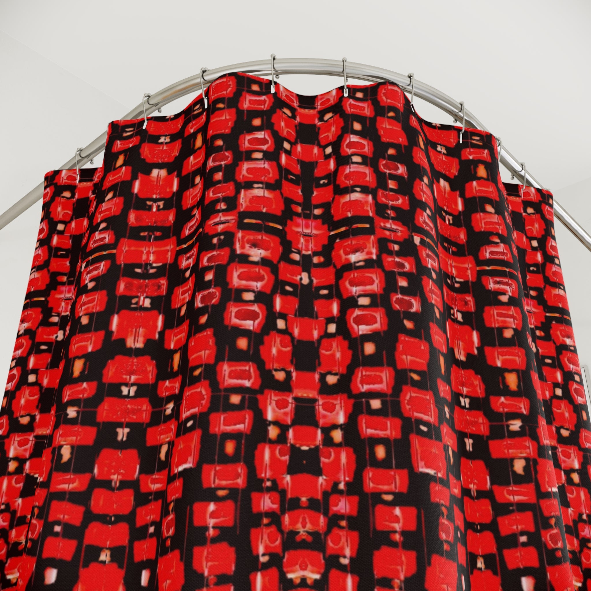 "Japanese Cherry Blossom" Red Geometric Pattern Shower Curtain – Bold Black & Red Bathroom Decor