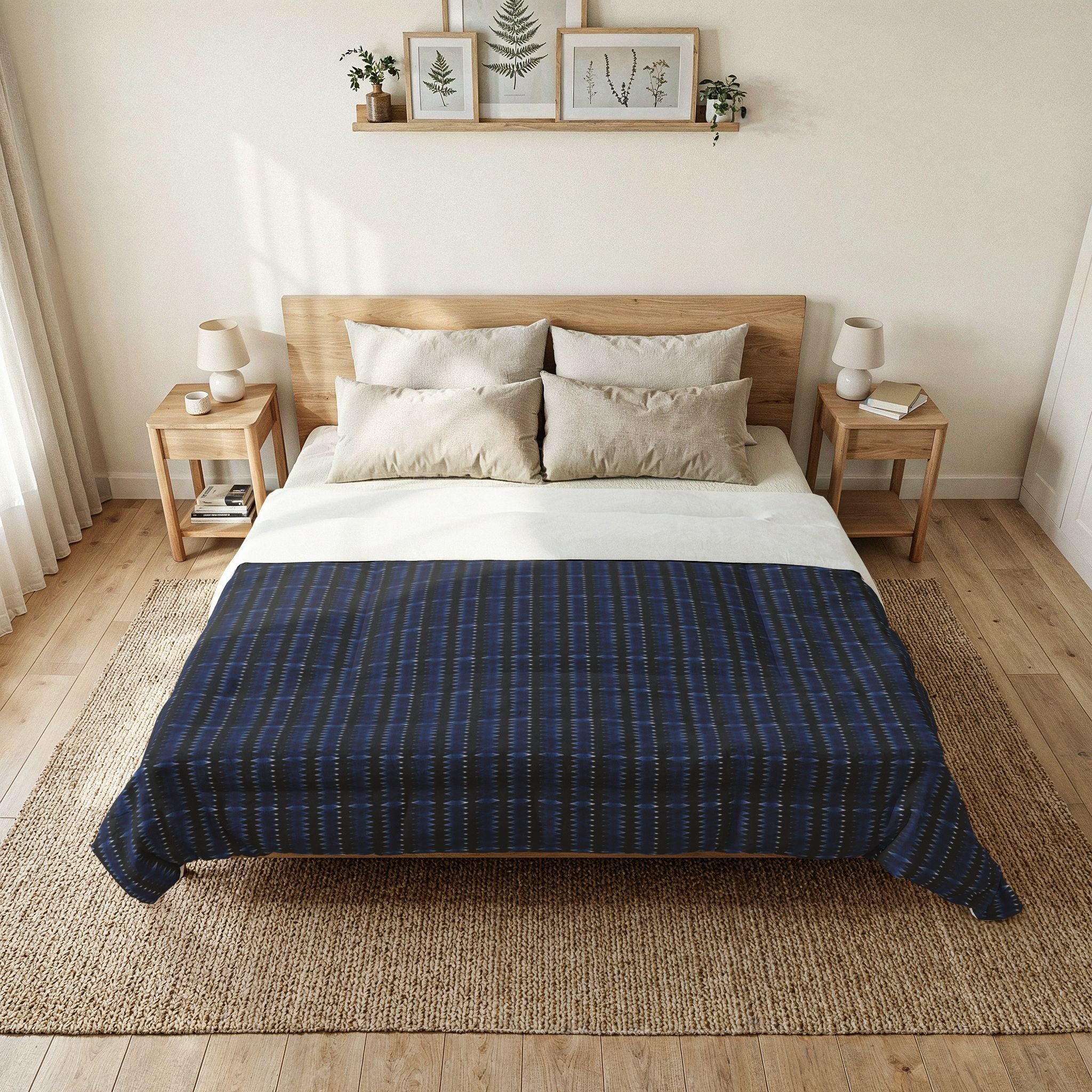 "Mississippi Midnight: Lovely Banjo Blues" Navy Plaid Cotton Comforter - Lightweight Bed Blanket