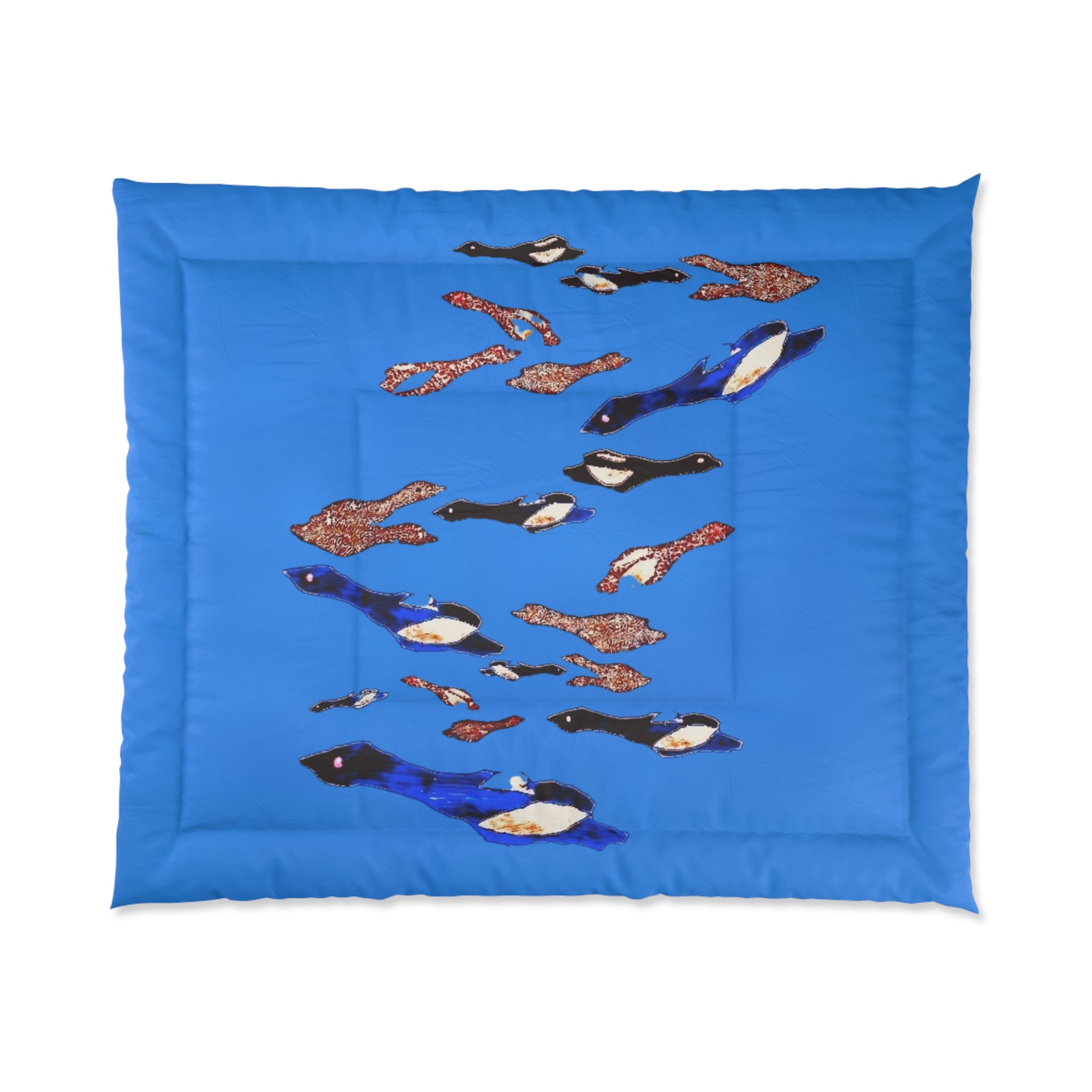 "Fly Me to the Moon" Flock Cerulean Blue Comforter — Playful Arctic Animal Bedding