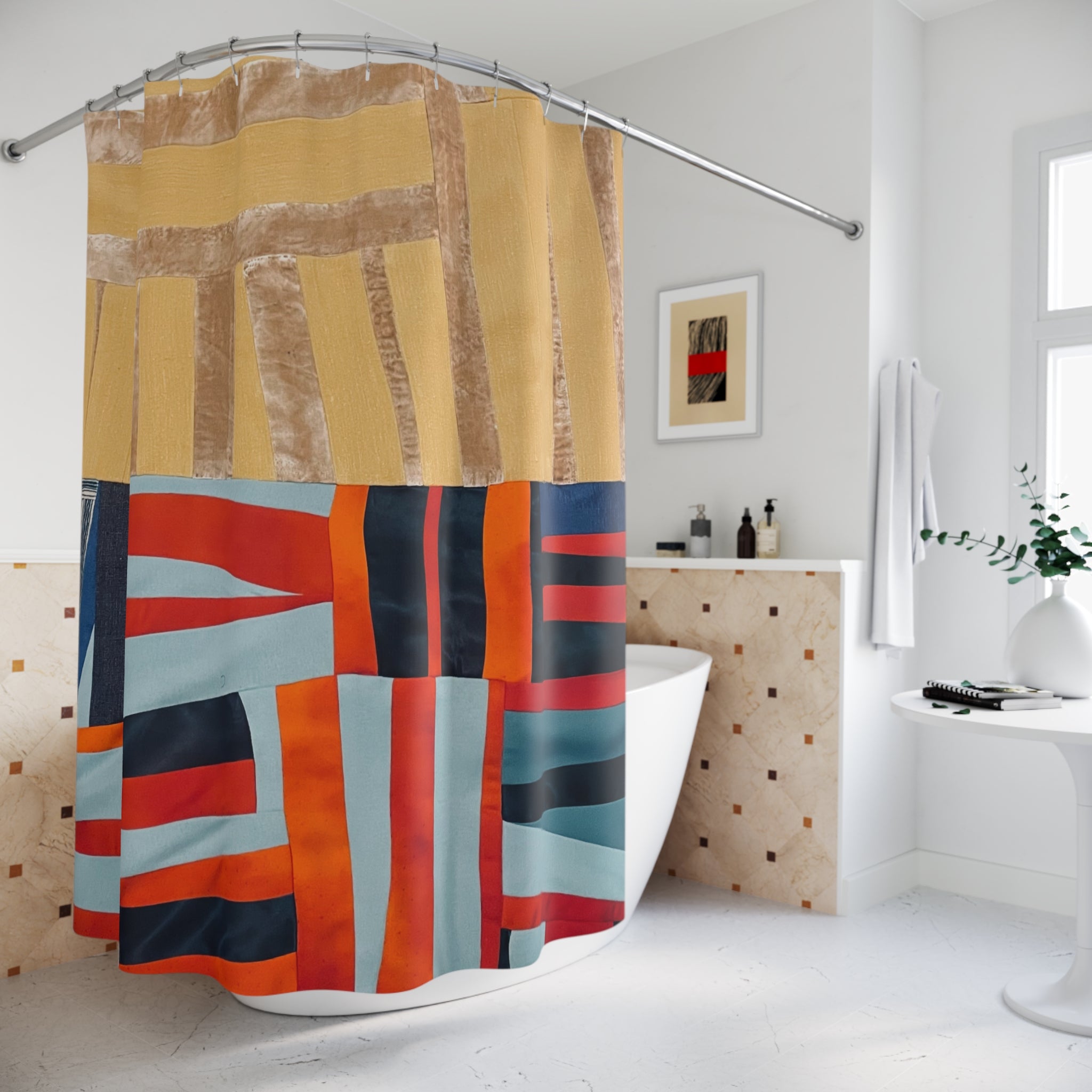 "Hannah and Samuel" Abstract Geometric Shower Curtain — Modern Mid-Century Inspired Bathroom Art