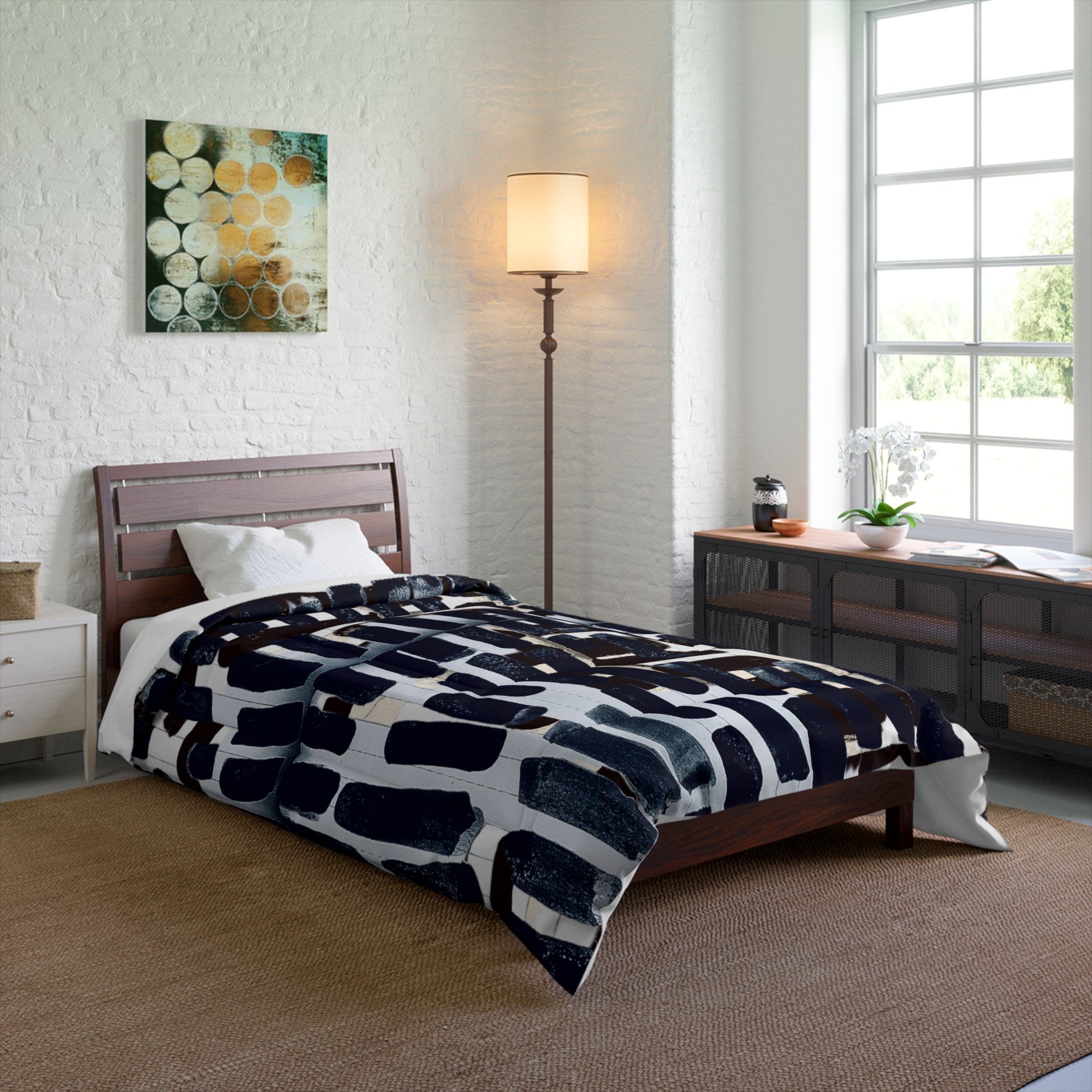 "Only My Notebook Knows How I Feel, My Heart Is On Every Page" Abstract Grid Comforter - Monochrome Brushstroke Pattern