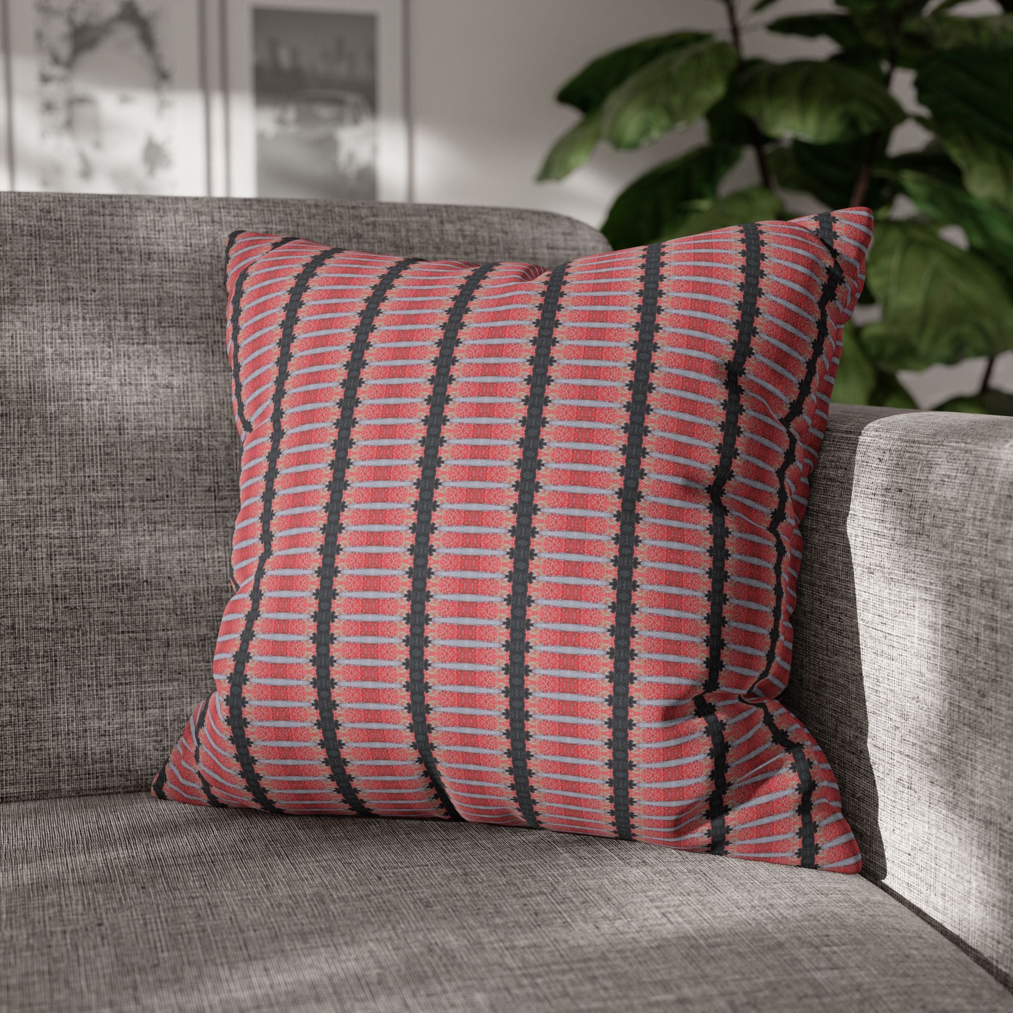 "The Nike of Samothrace" Pink Black Striped Decorative Pillowcase — Modern Boho Square Cushion Cover
