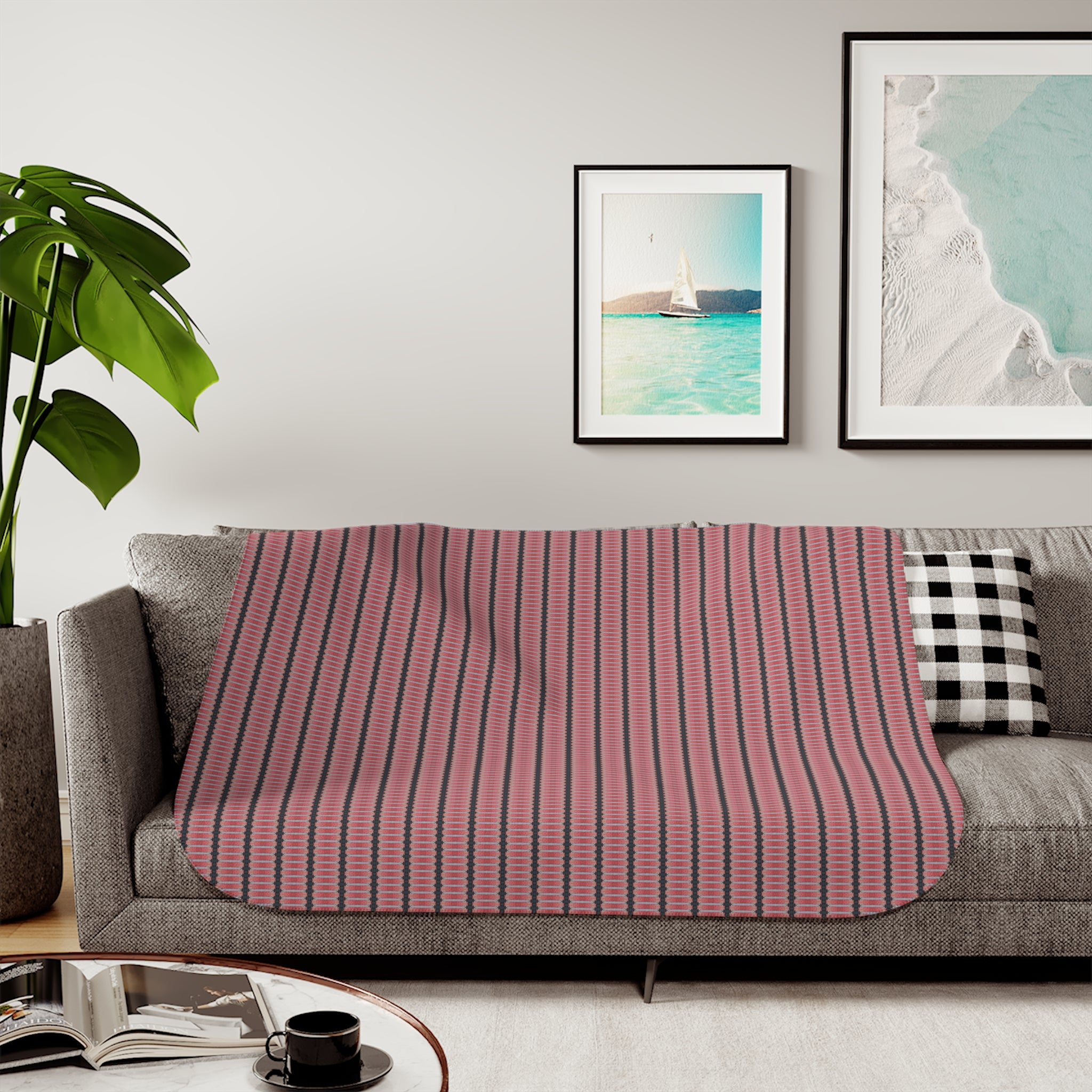 "The Nike of Samothrace" Cozy Striped Sherpa Blanket — Plush Reversible Throw for Home & Travel - Coral, Grey, Red
