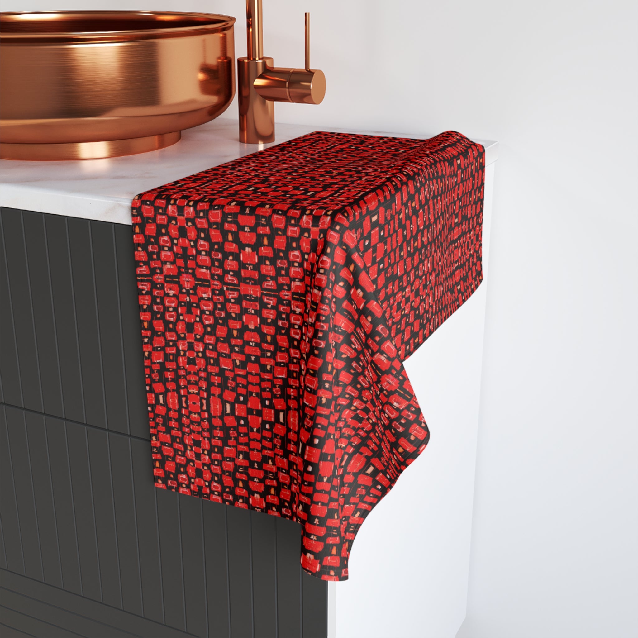 "Japanese Cherry Blossom" Red Geometric Pattern Hand Towel — Modern Decorative Kitchen & Bath Accent