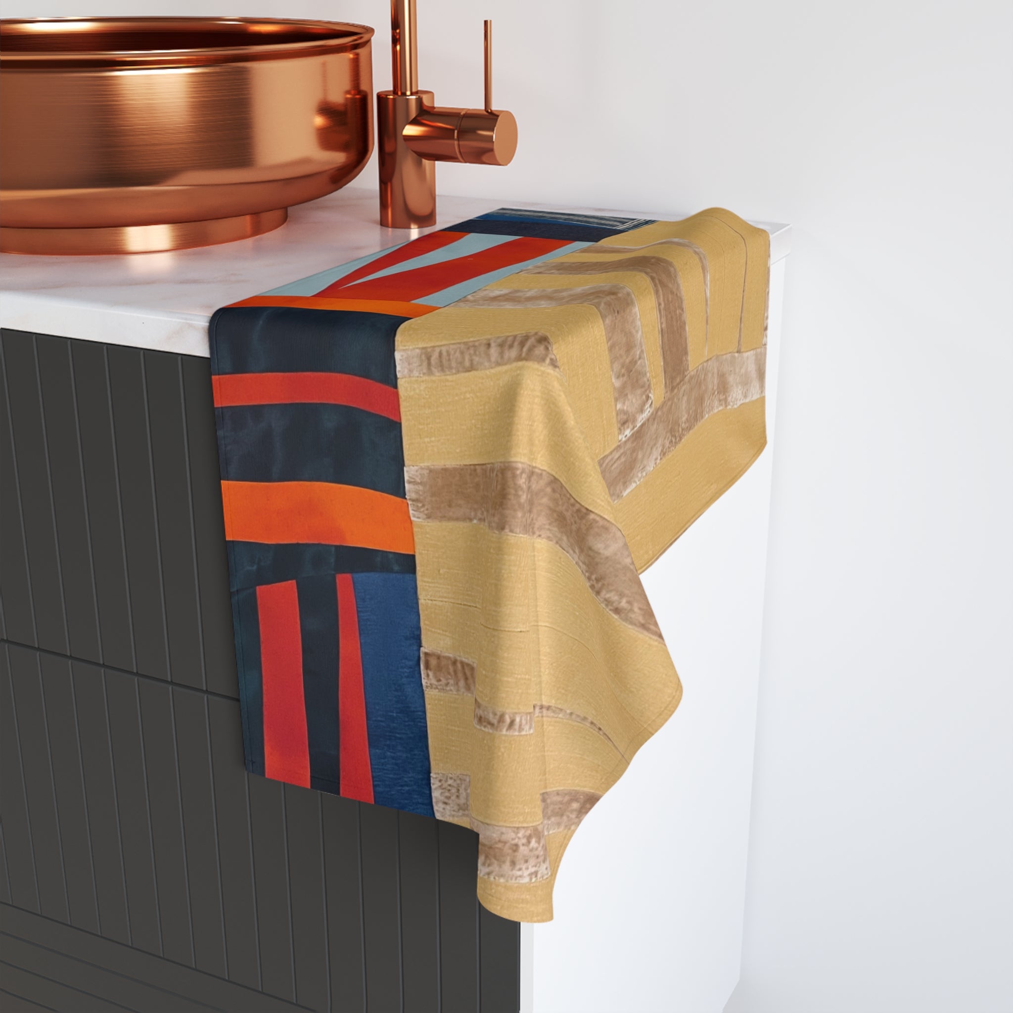 "Hannah and Samuel" Hand Towel — Abstract Geo Patchwork Design, Warm Gold & Navy Decorative Kitchen Towel