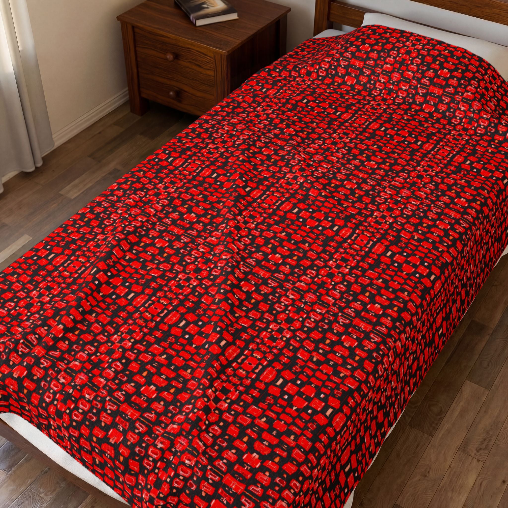"Japanese Cherry Blossom" Red Berry and Black Reptile Pattern Textile Velvet Plush Blanket — Cozy Holiday Throw