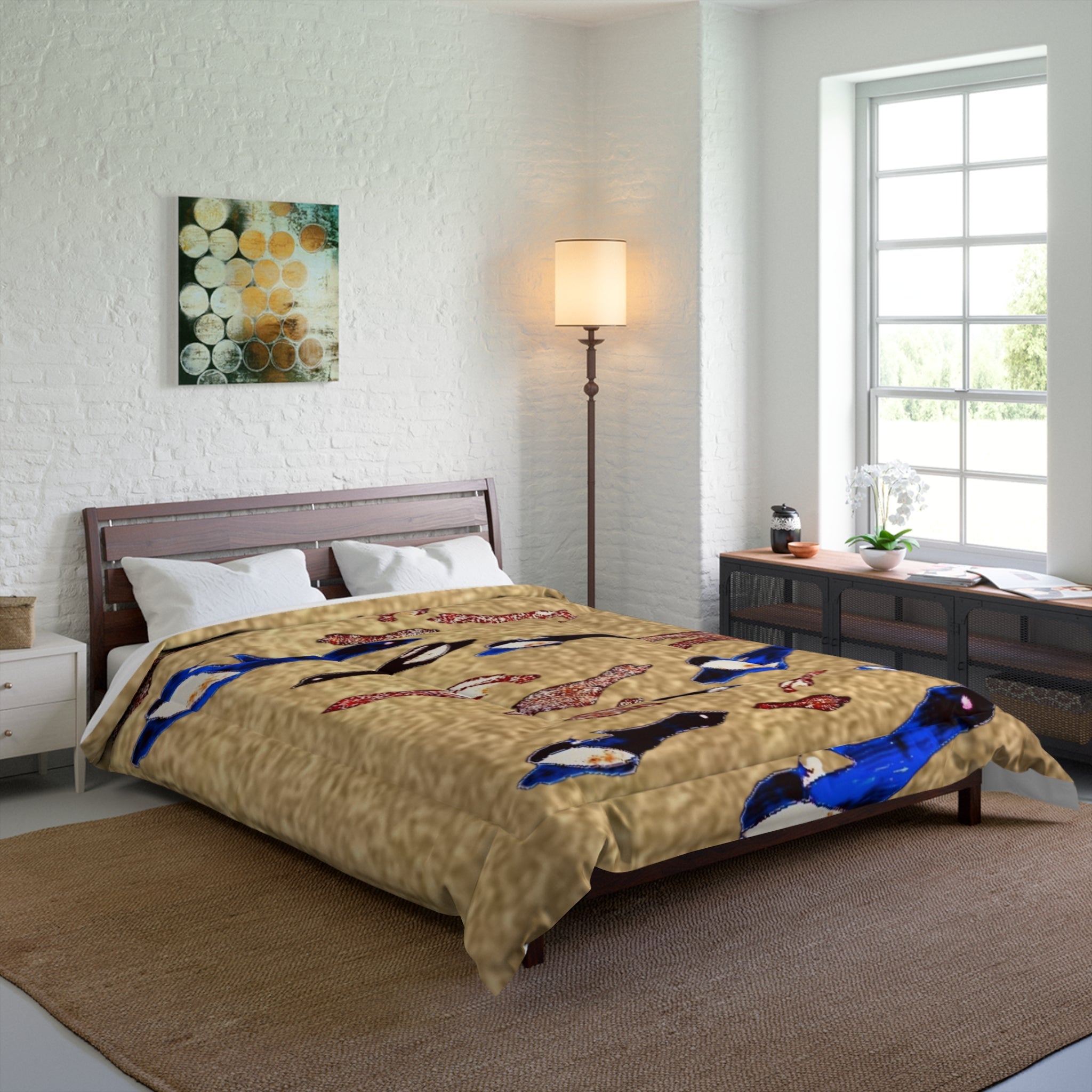 "Fly Me to the Moon" Bird Comforter – Beige Asian-Inspired Bedspread with Blue & Red Carp Pattern