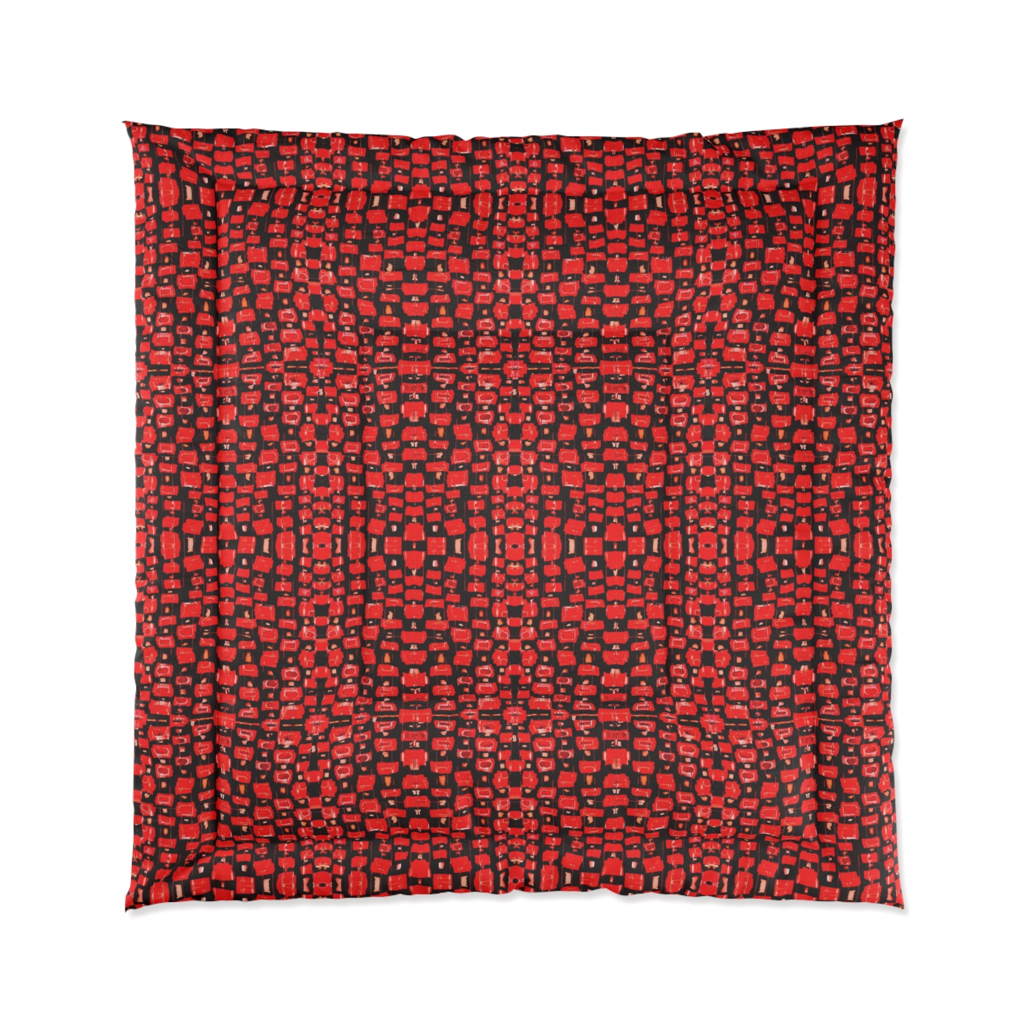 “Japanese Cherry Blossom” Red Mosaic Check Comforter — Modern Geometric Bedspread