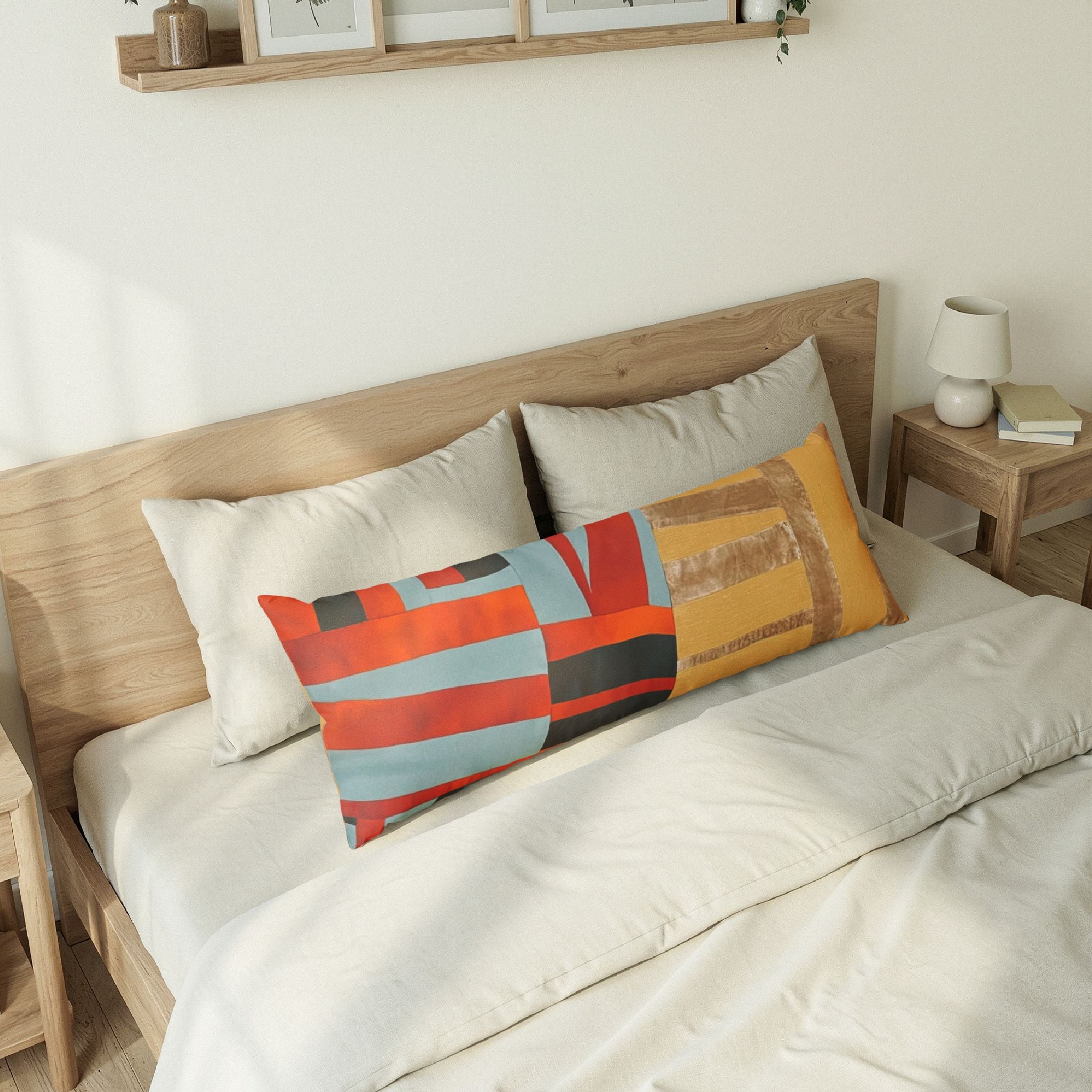 "Hannah and Samuel" Quilt Block, Blue and Yellow - Abstract Stripe Body Pillow — Colorful Geometric Lumbar Cushion