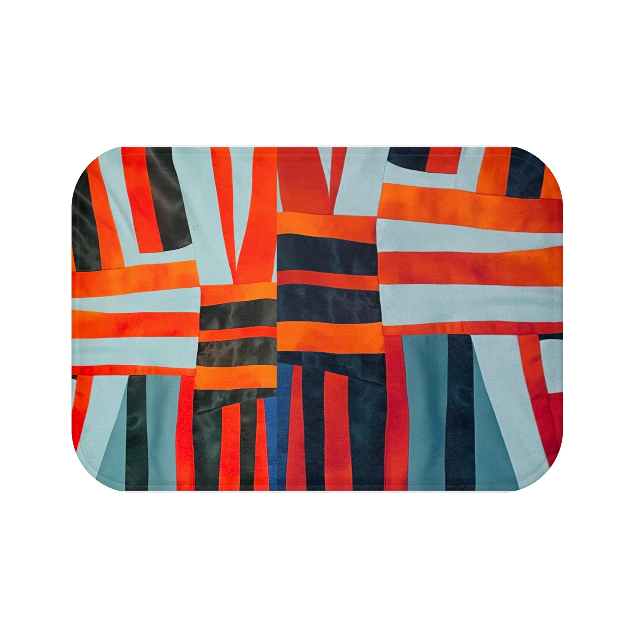 "Samuel" Modern Geometric Bath Mat — Blue, Red & Orange Stripe Abstract Design