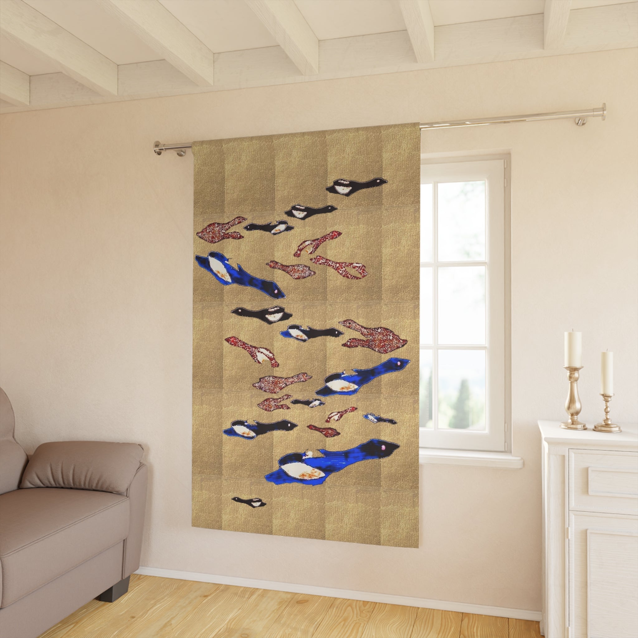 "Fly Me to the Moon" Bird Pattern Window Curtain — Blue and Gold Design Single Panel Blackout