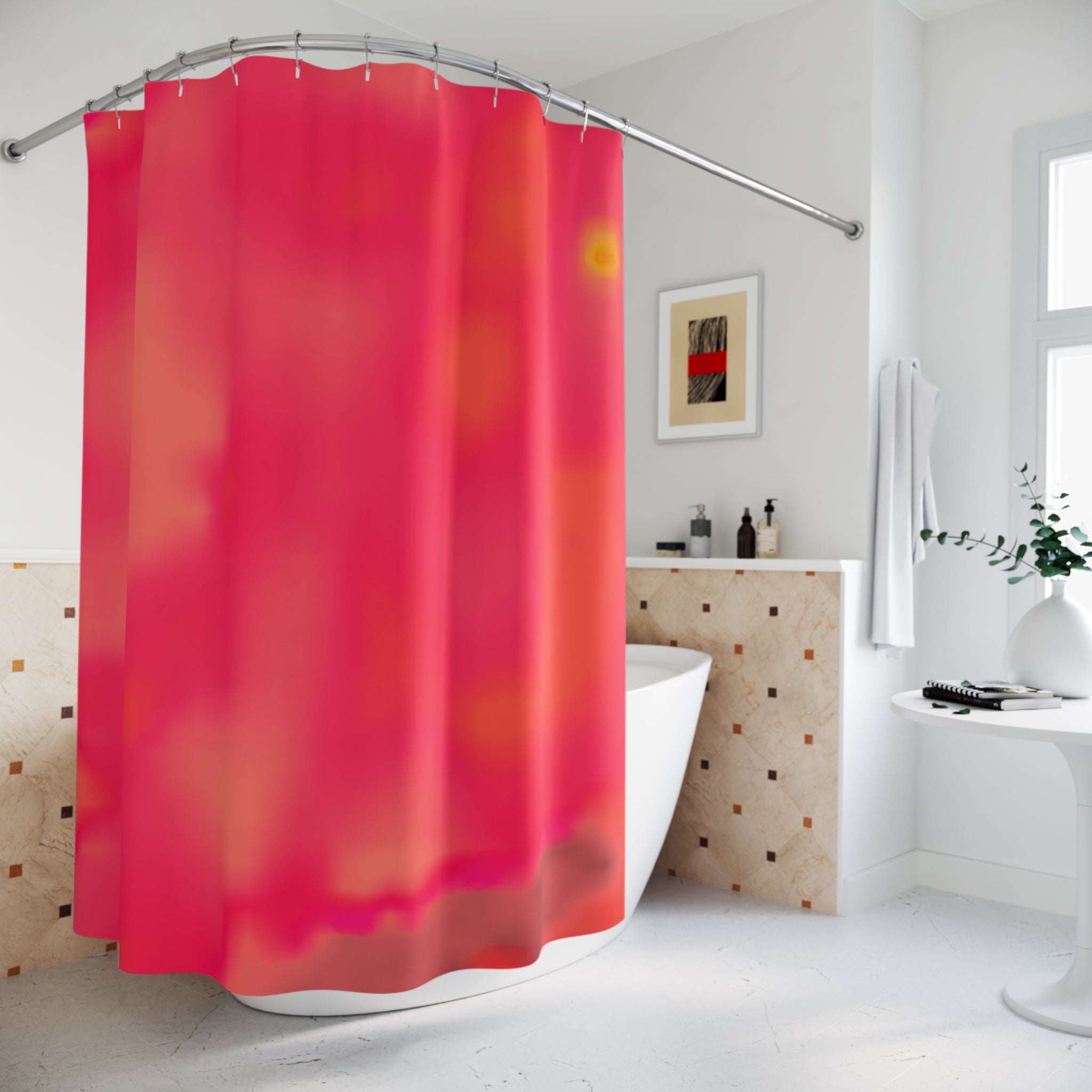 "The Skies Will Break For You, My Friend" Red Coral Gradient Shower Curtain — Abstract Warm Tones Bathroom Décor