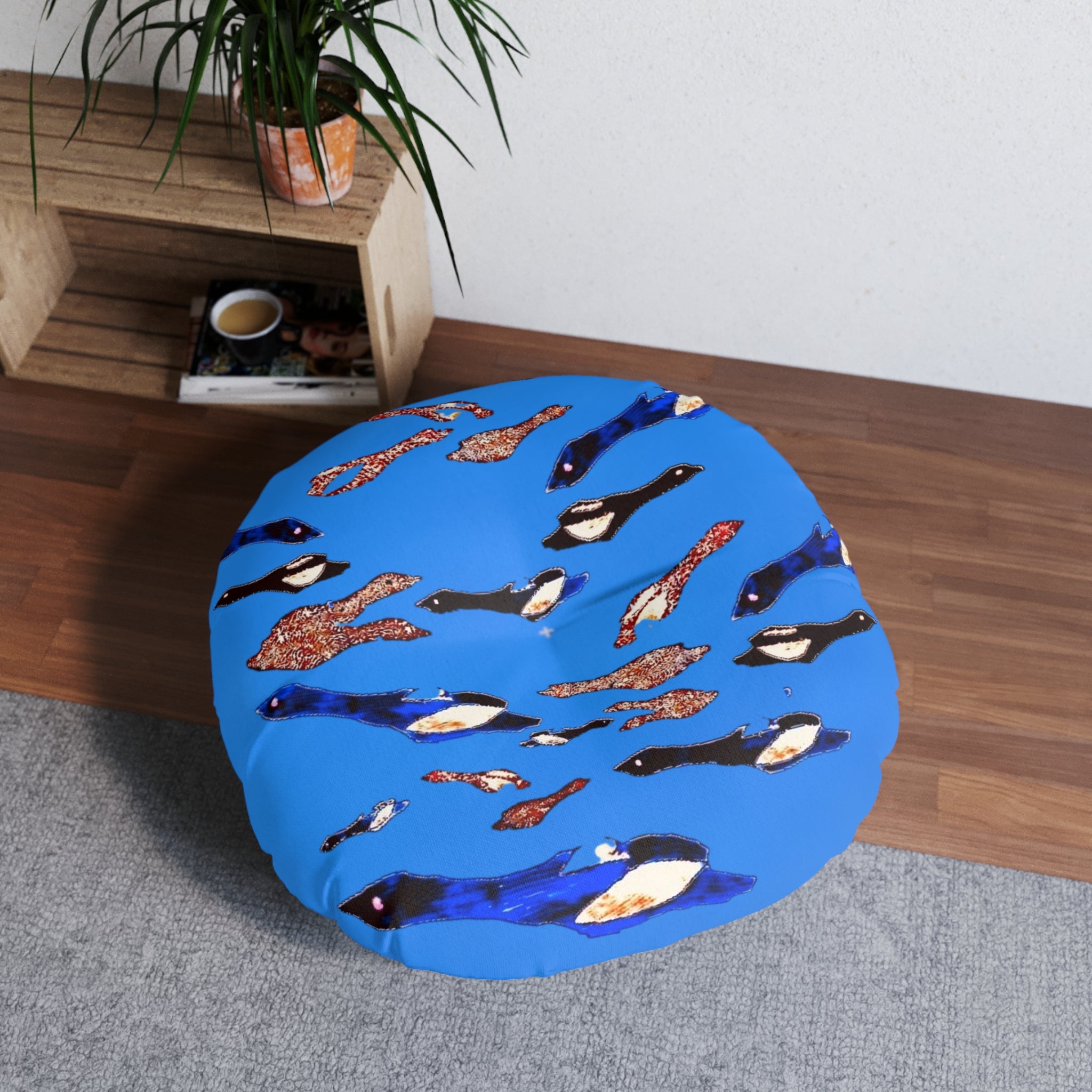"Fly Me to the Moon" Cerulean Round Tufted Floor Pillow — Blue Birdies In The Sky Flying Pattern