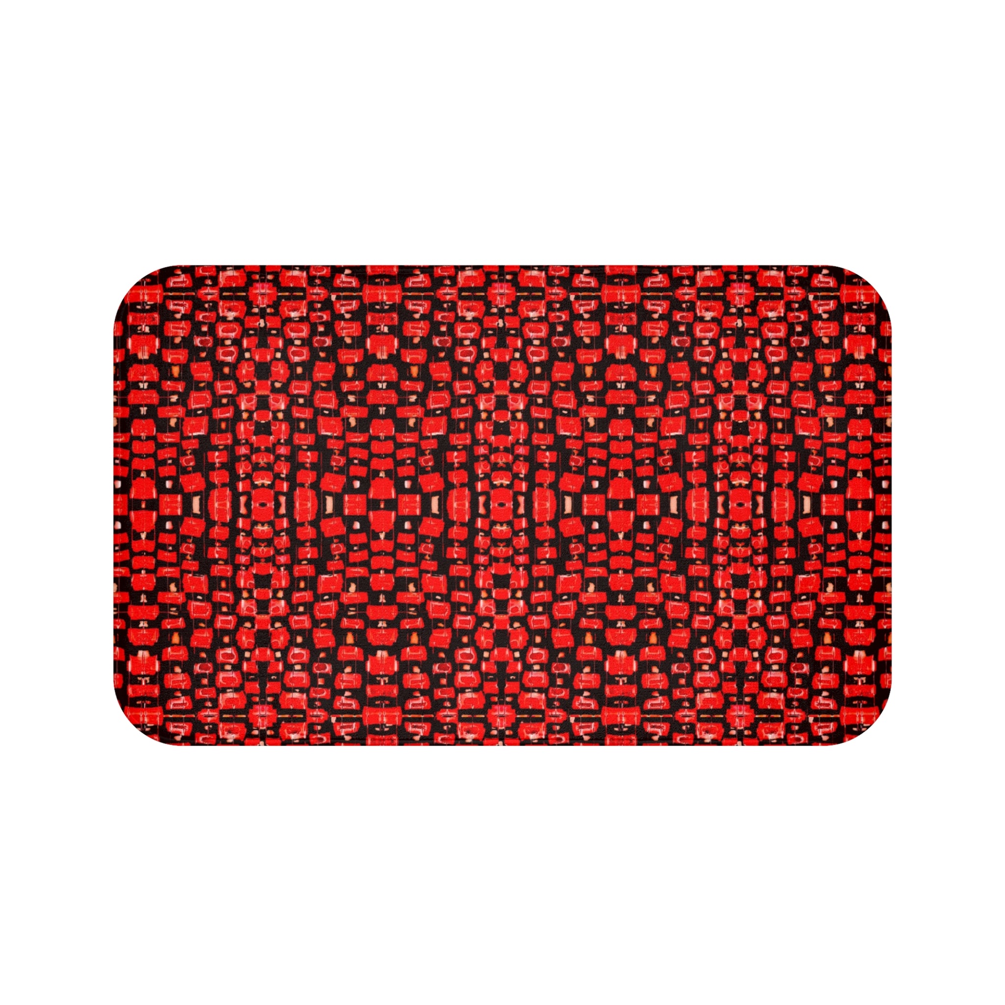 "Japanese Cherry Blossom" Red Mosaic Bath Mat — Modern Geometric Non-Slip Bathroom Rug