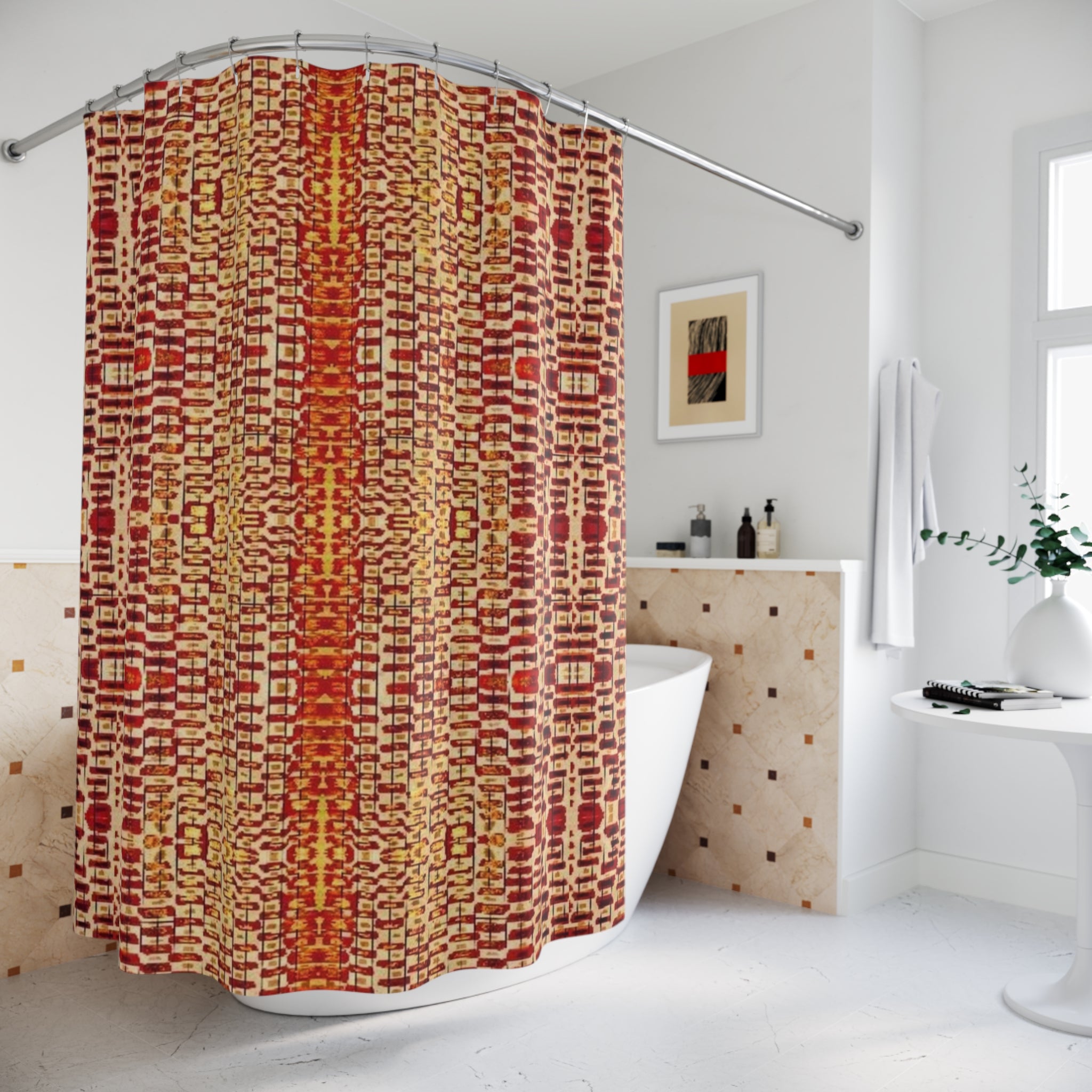 "Queen Mother" Warm Tribal Mosaic Shower Curtain — Boho Geometric Bathroom Decor