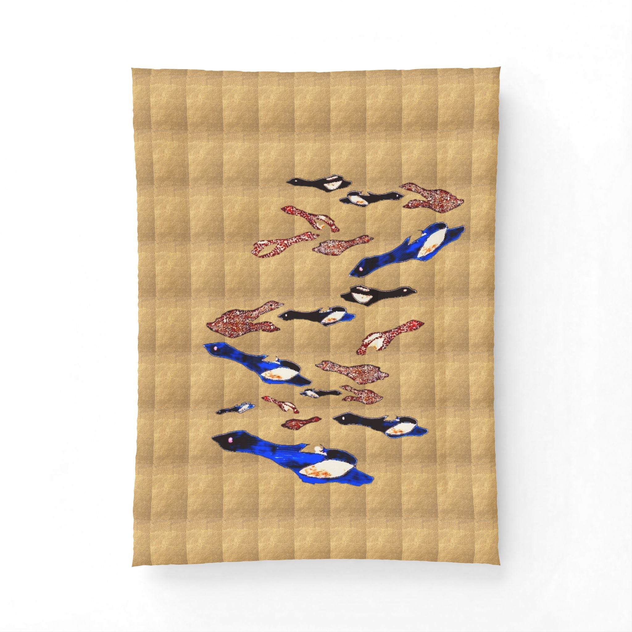 "Fly Me to the Moon" Bird Flock Cotton Comforter – Vintage Gold Blue Waterfowl Throw