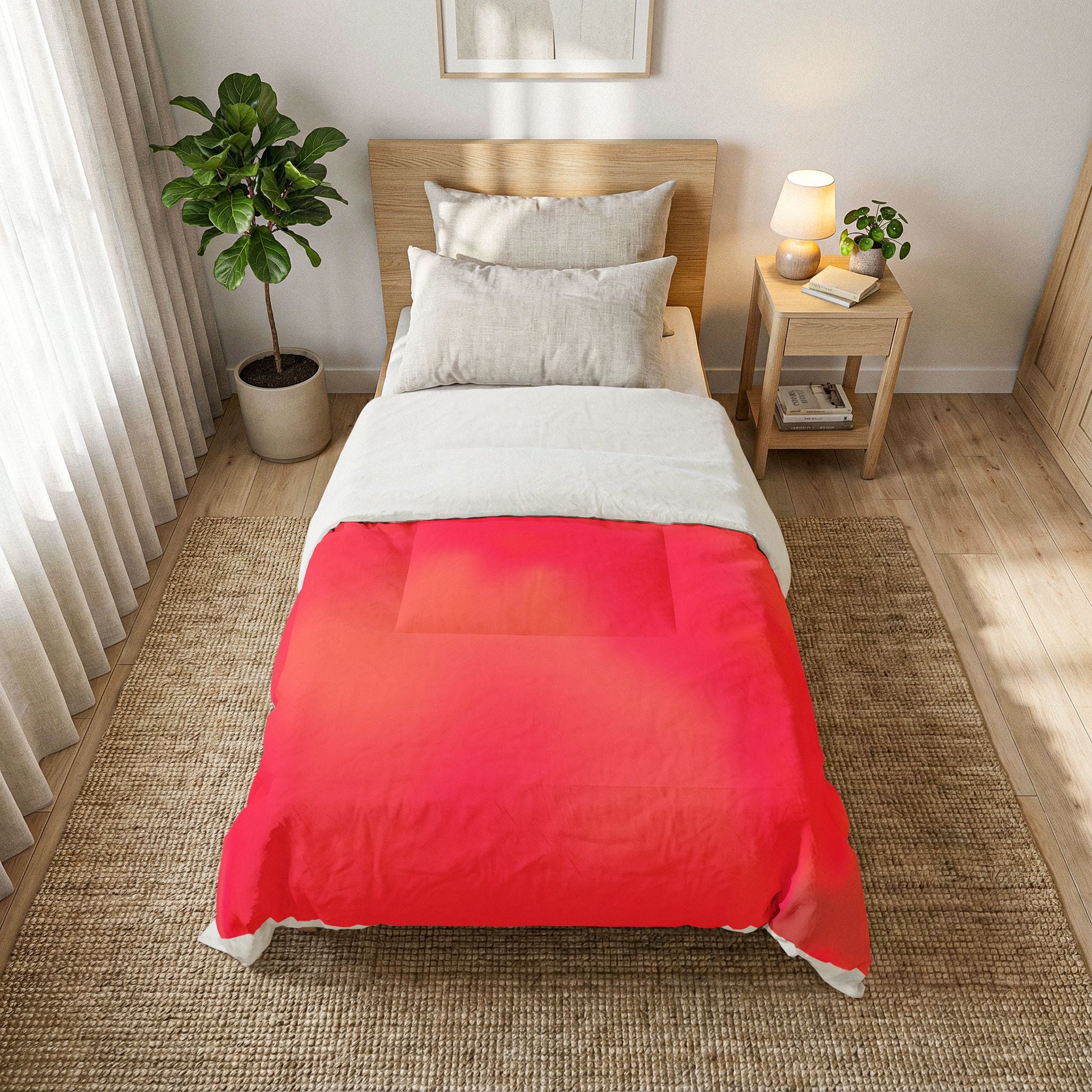 "The Skies Will Break For You, My Friend" Cotton Comforter — Coral Ombre Cotton Comforter (Bright Red to Peach Gradient)