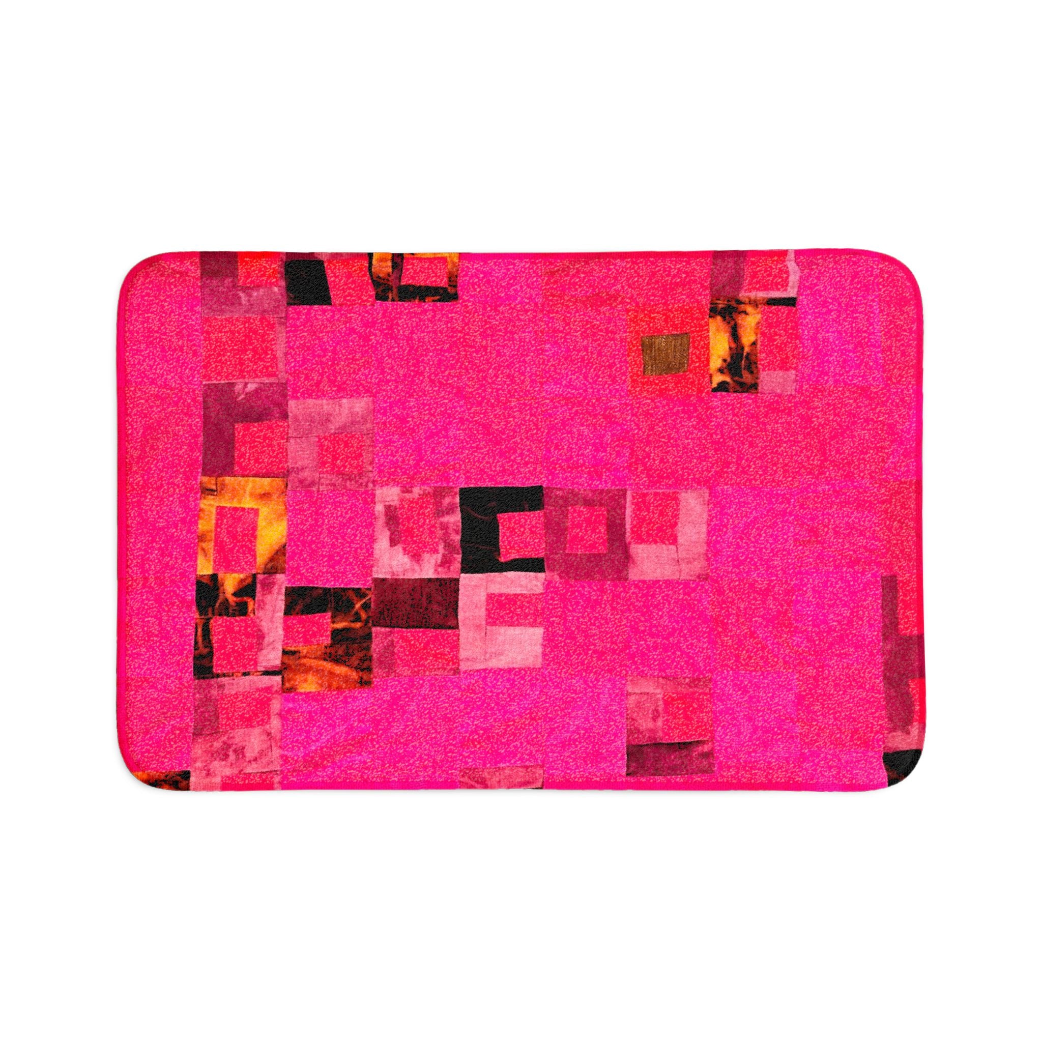 “Léla Léla” Pink Abstract Mosaic 3-Piece Bath Mat Set – Vibrant Geometric Bathroom Rugs