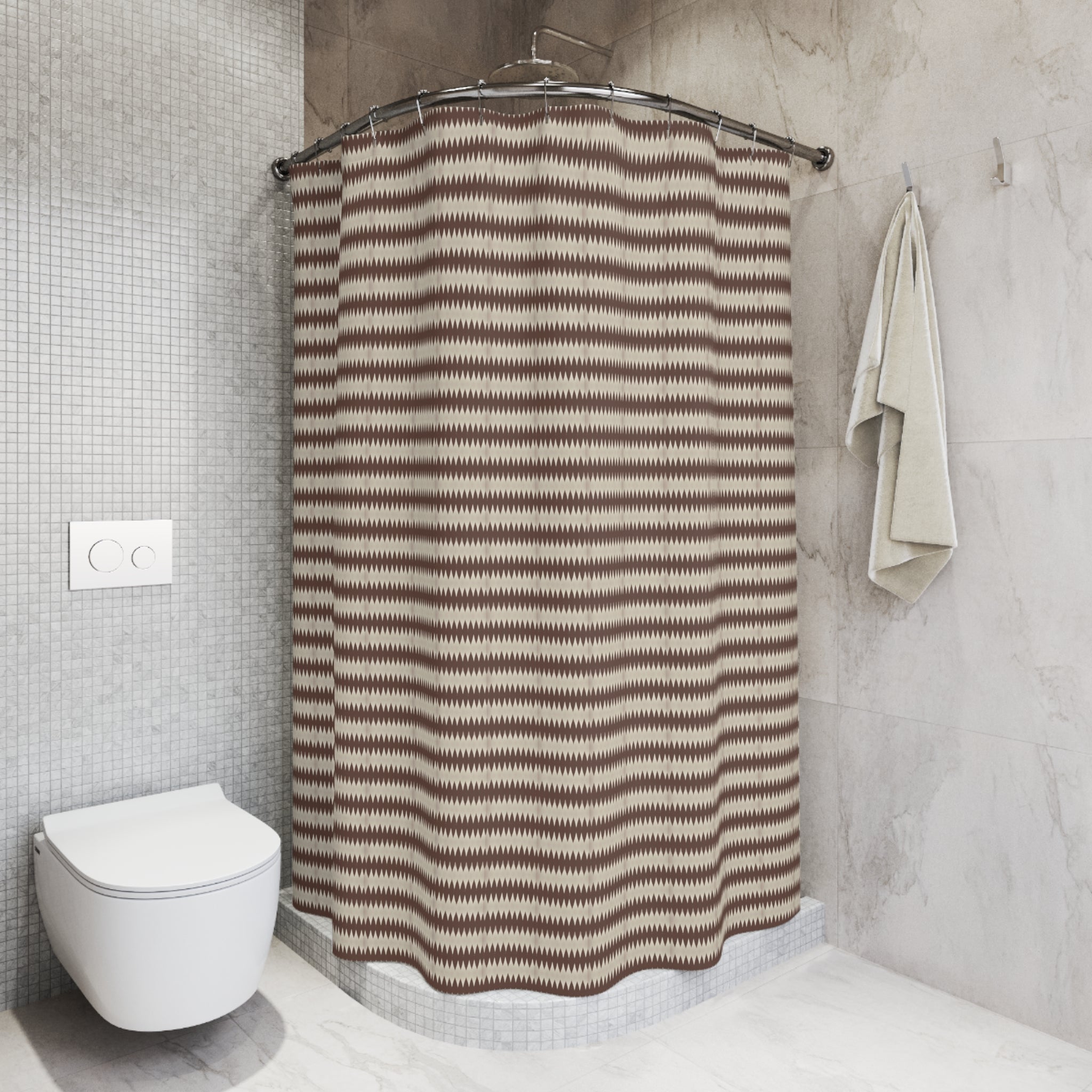 "Mississippi Morning" Boho Brown Ikat Stripe Shower Curtain – Neutral Tribal Bathroom Decor