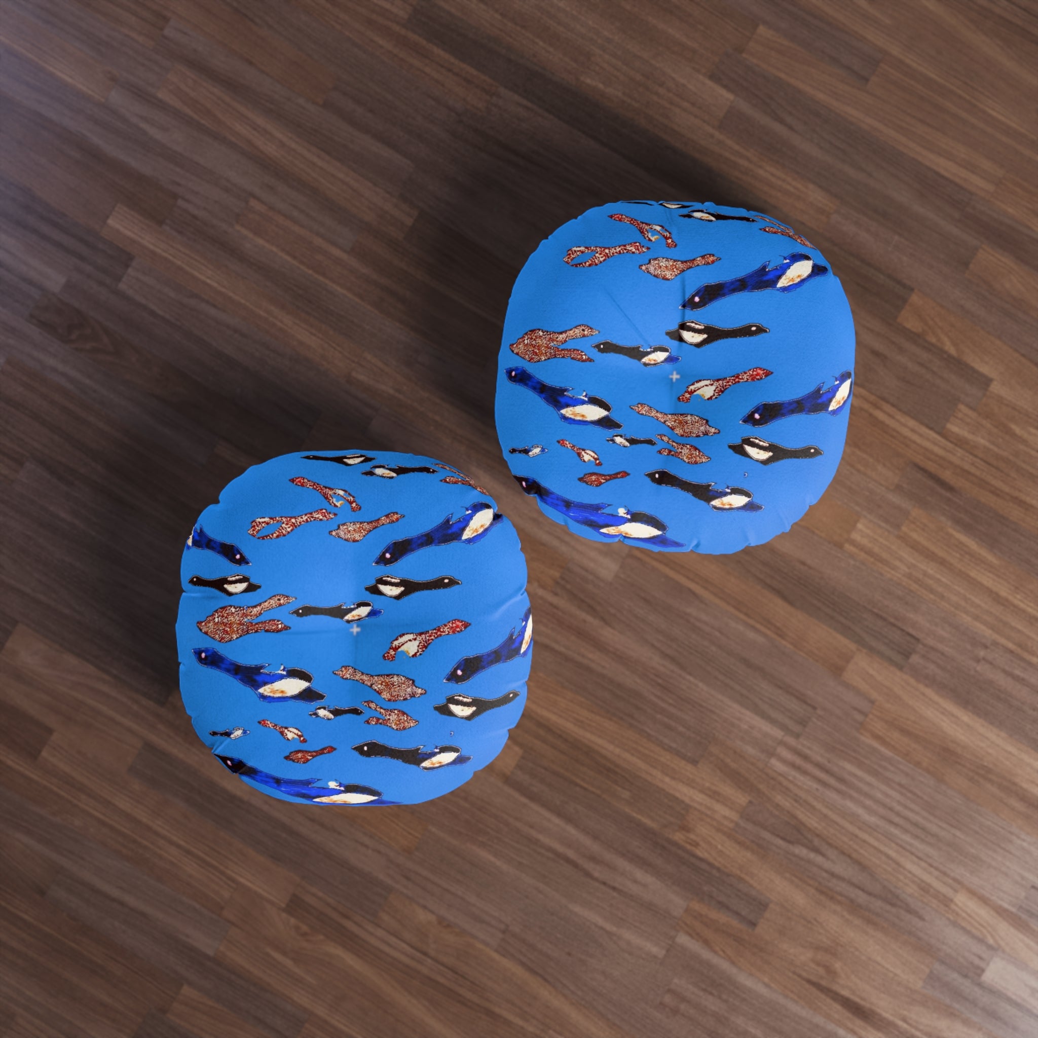"Fly Me to the Moon" Cerulean Round Tufted Floor Pillow — Blue Birdies In The Sky Flying Pattern
