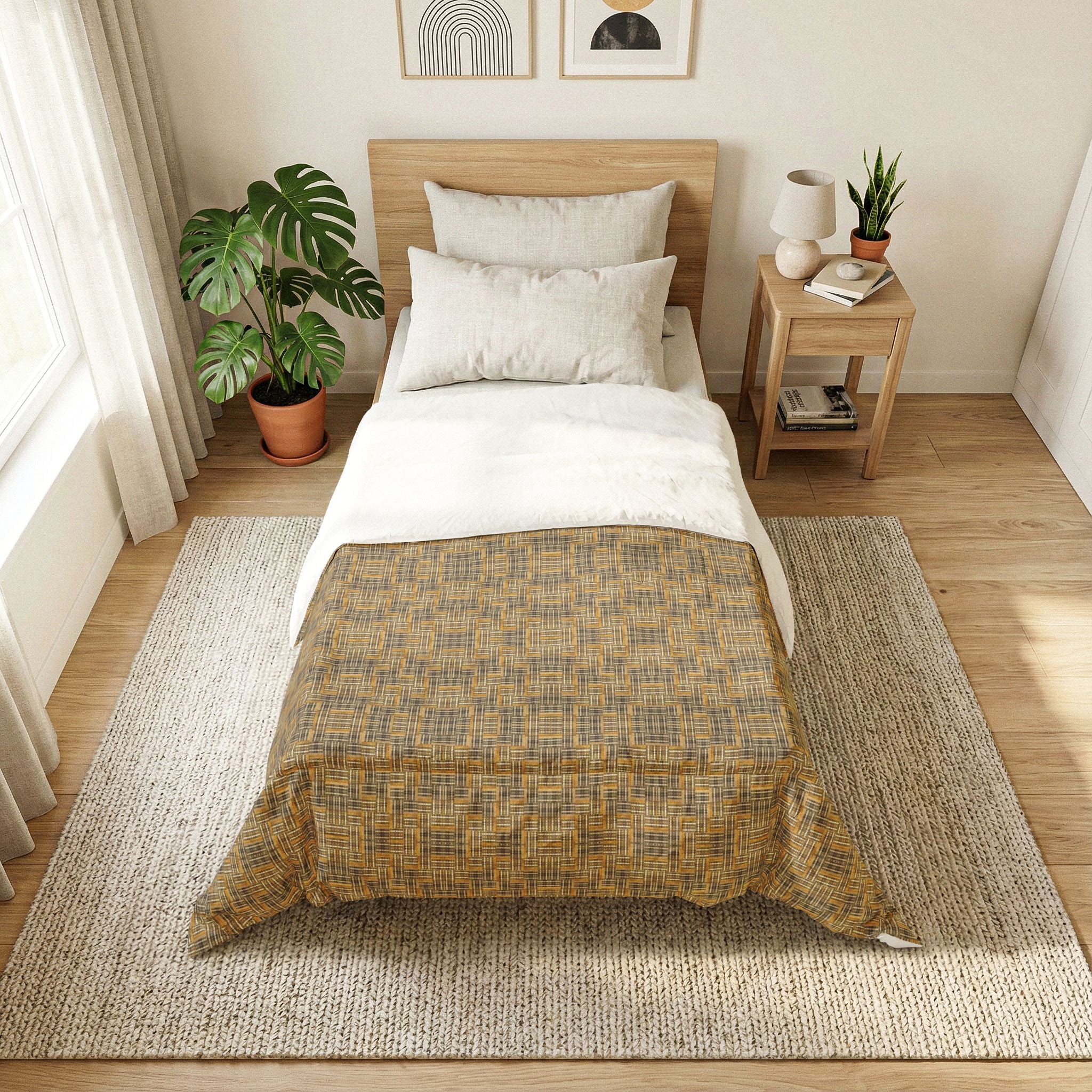 "All Things Fall Apart" Woven Plaid Cotton Comforter — Rustic Yellow-Brown Bedspread