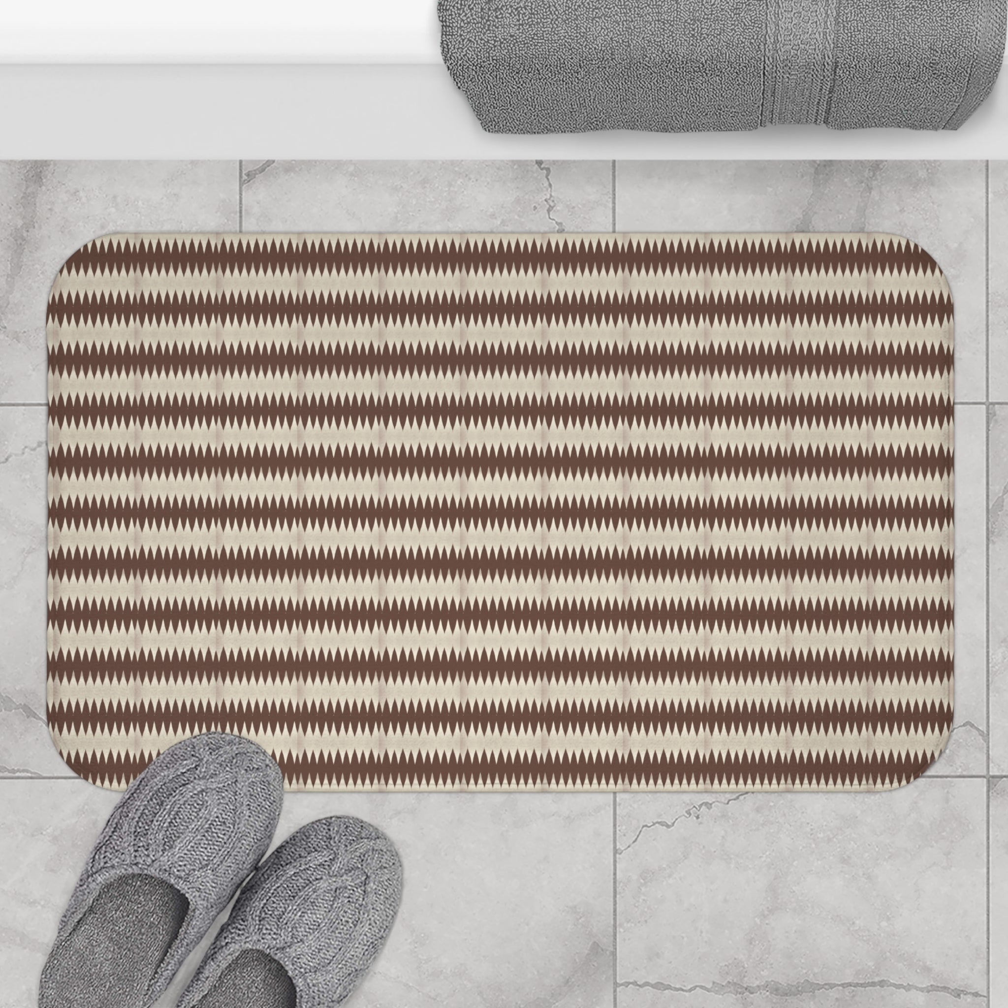 "Mississippi Morning" Brown Ikat Stripe Bath Mat — Boho Tribal Pattern Bathroom Rug
