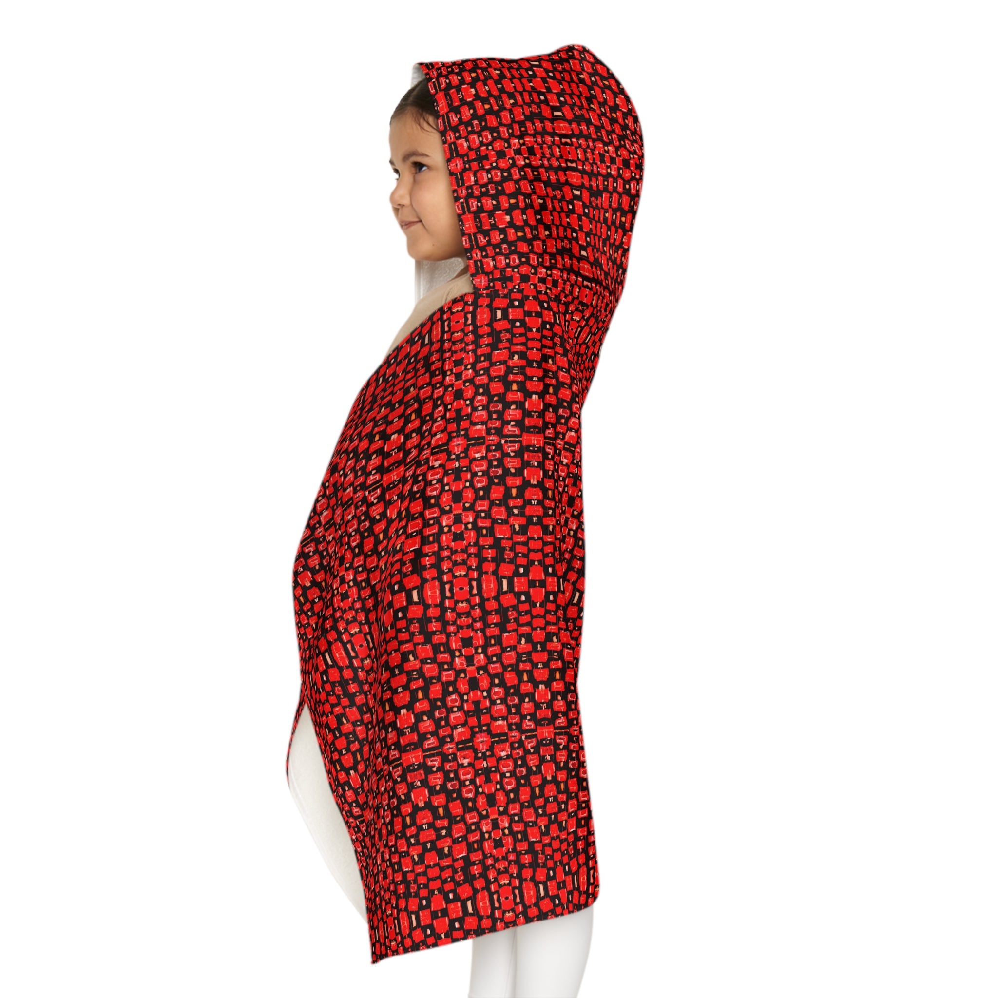 "Japanese Cherry Blossom" Hooded Towel — Red Pebble Pattern Youth Swim & Beach Wrap