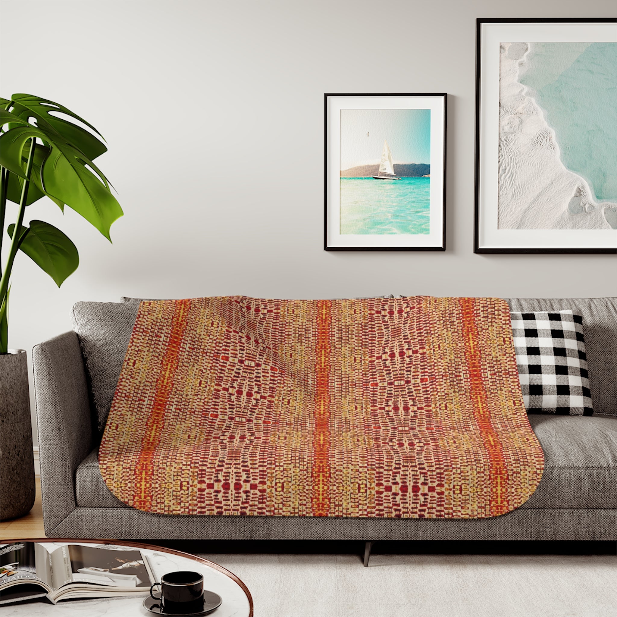 "Queen Mother" Gold, Bronze, Pen Drawing, Red Orange - Autumn Woven Sherpa Blanket – Cozy Boho Plaid Throw for Sofa & Bed