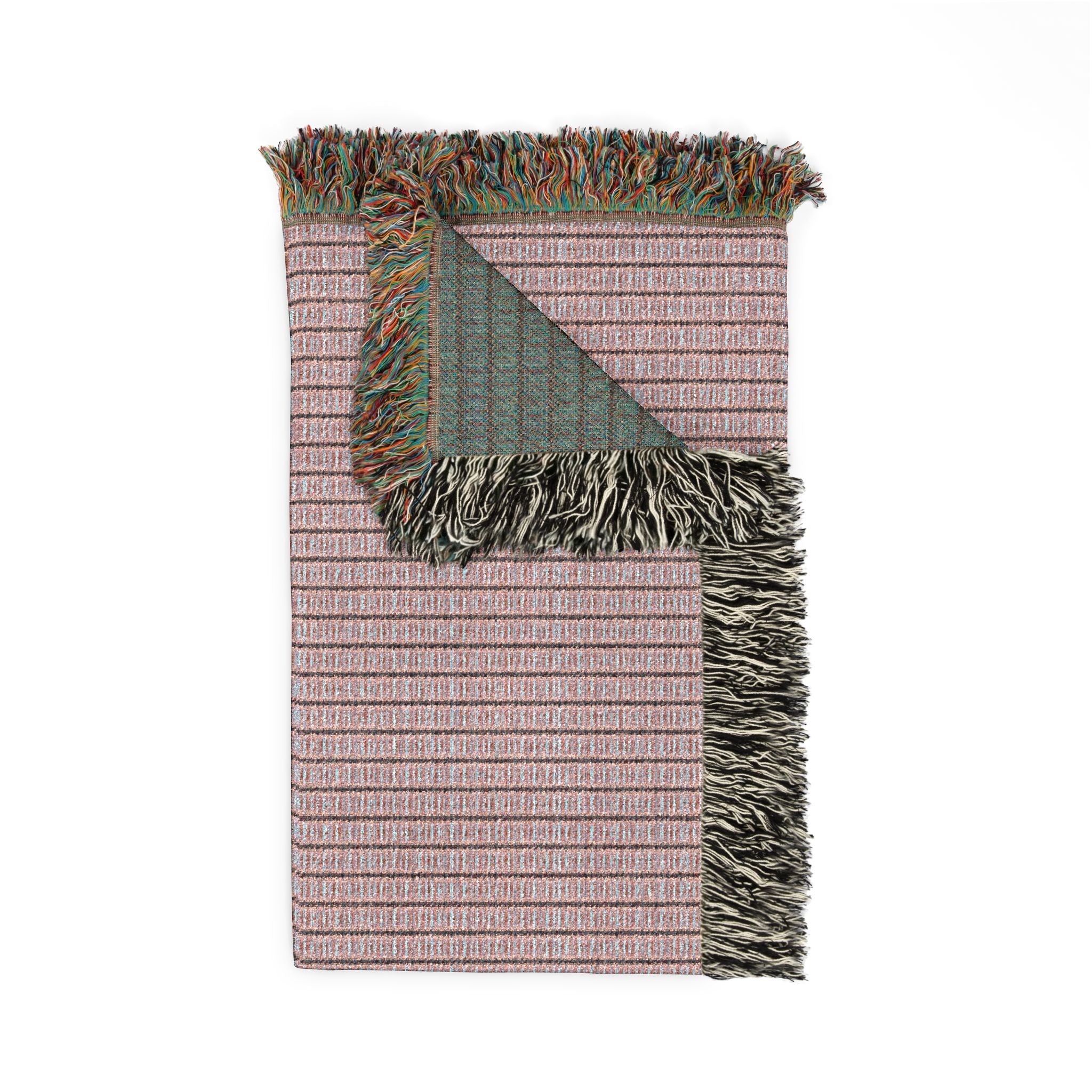 "The Nike of Samothrace" Coral, Grey, Blue Striped Woven Throw Blanket — Cozy Fringe Accent for Living Room & Bedroom