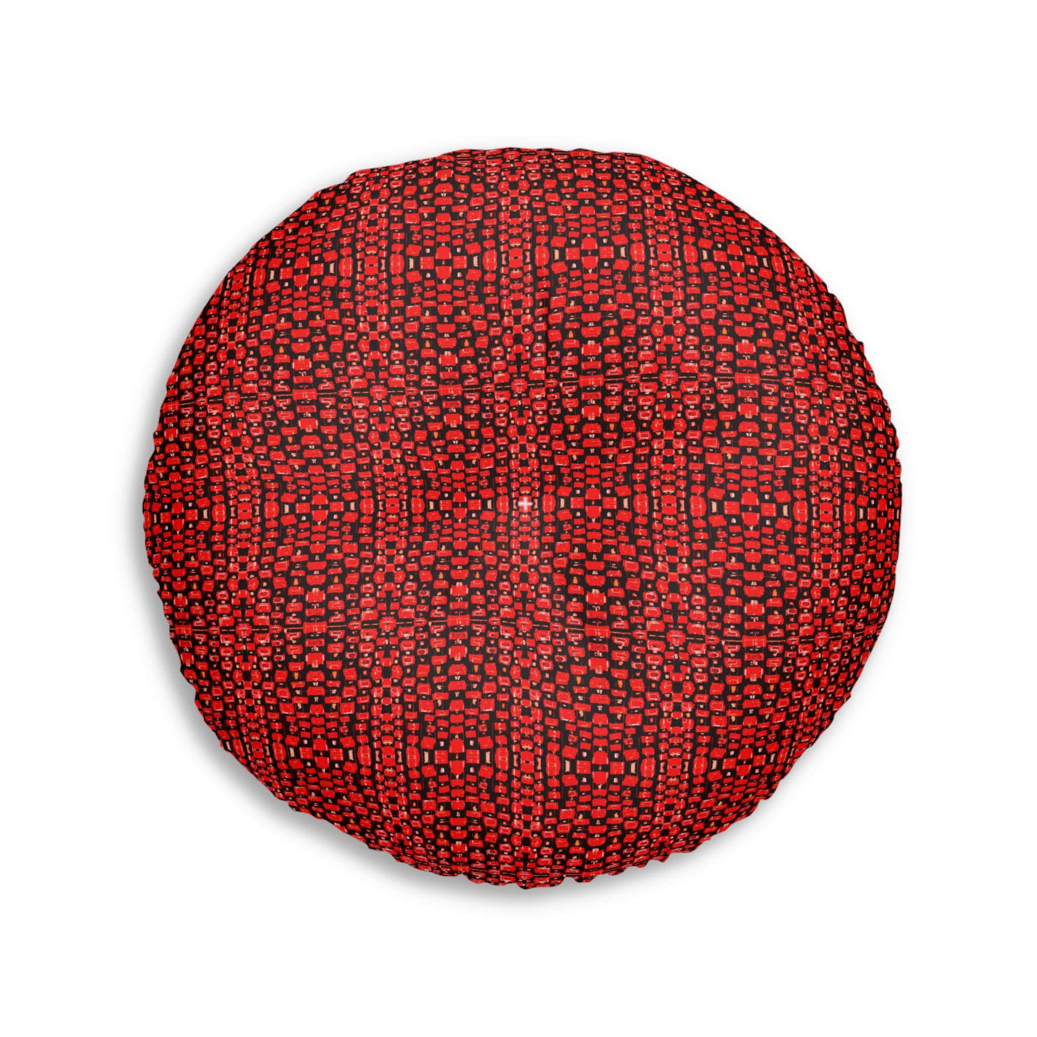 "Japanese Cherry Blossom" Red Woven Round Tufted Floor Pillow — Cozy Boho Accent Cushion