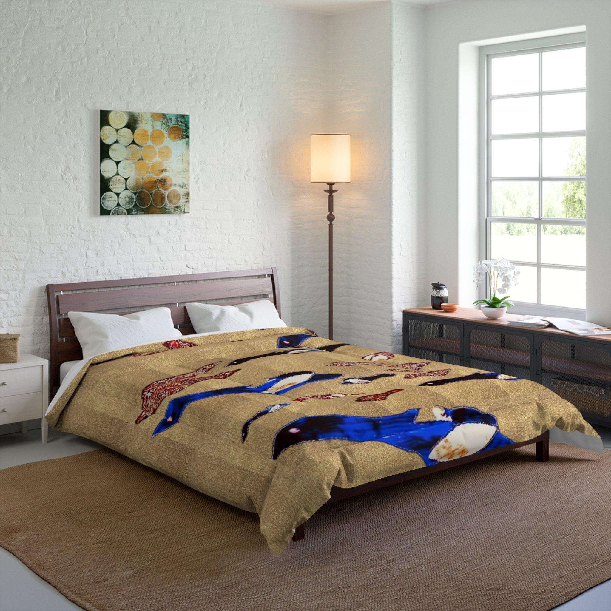 "Fly Me to the Moon" Bird Comforter – Beige Asian-Inspired Bedspread with Blue & Red Carp Pattern