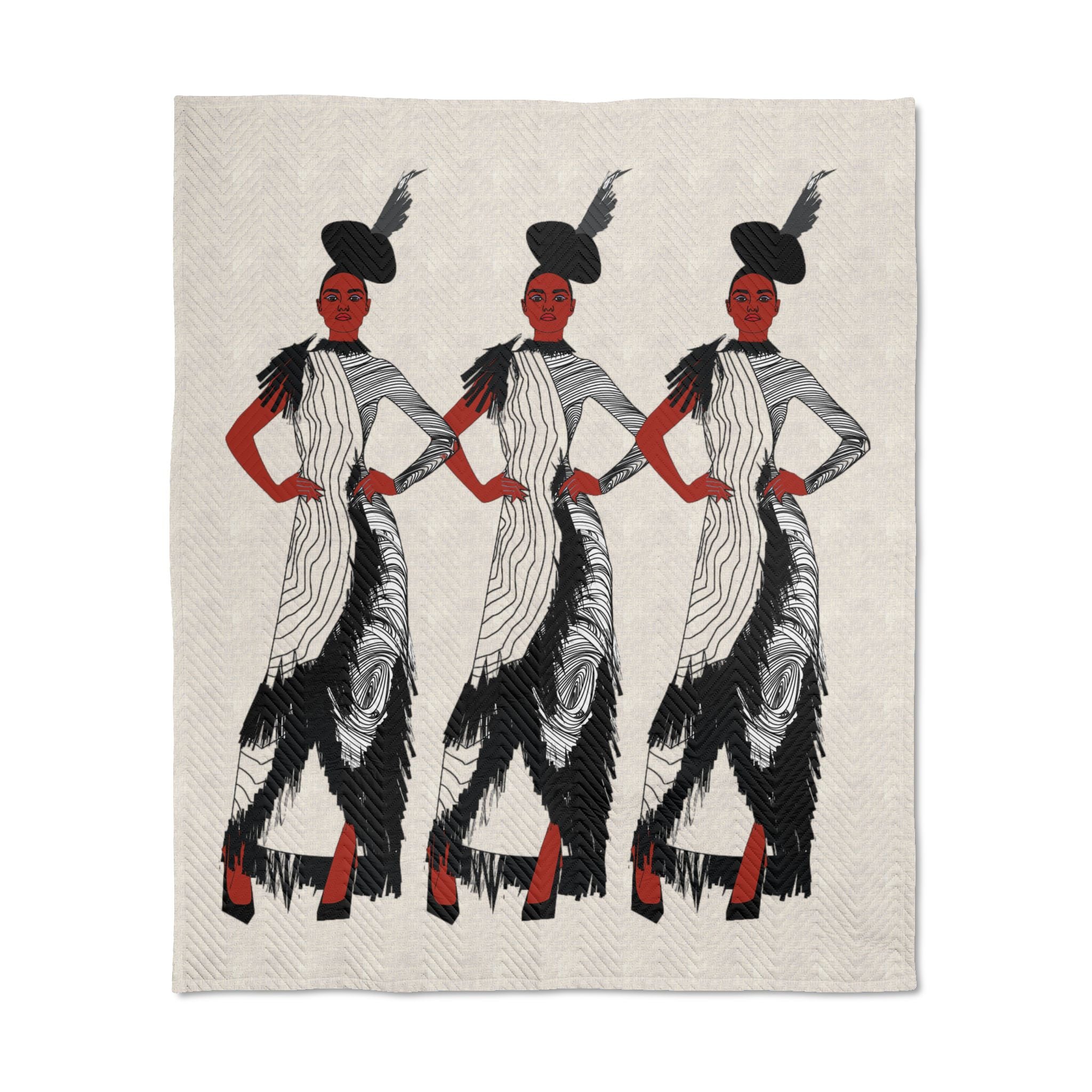 "Fierce Honey" Vintage Illustration, Black Women Black and White Textiles, Ladies Quilted Throw Blanket — Art Deco Flapper Dance Design