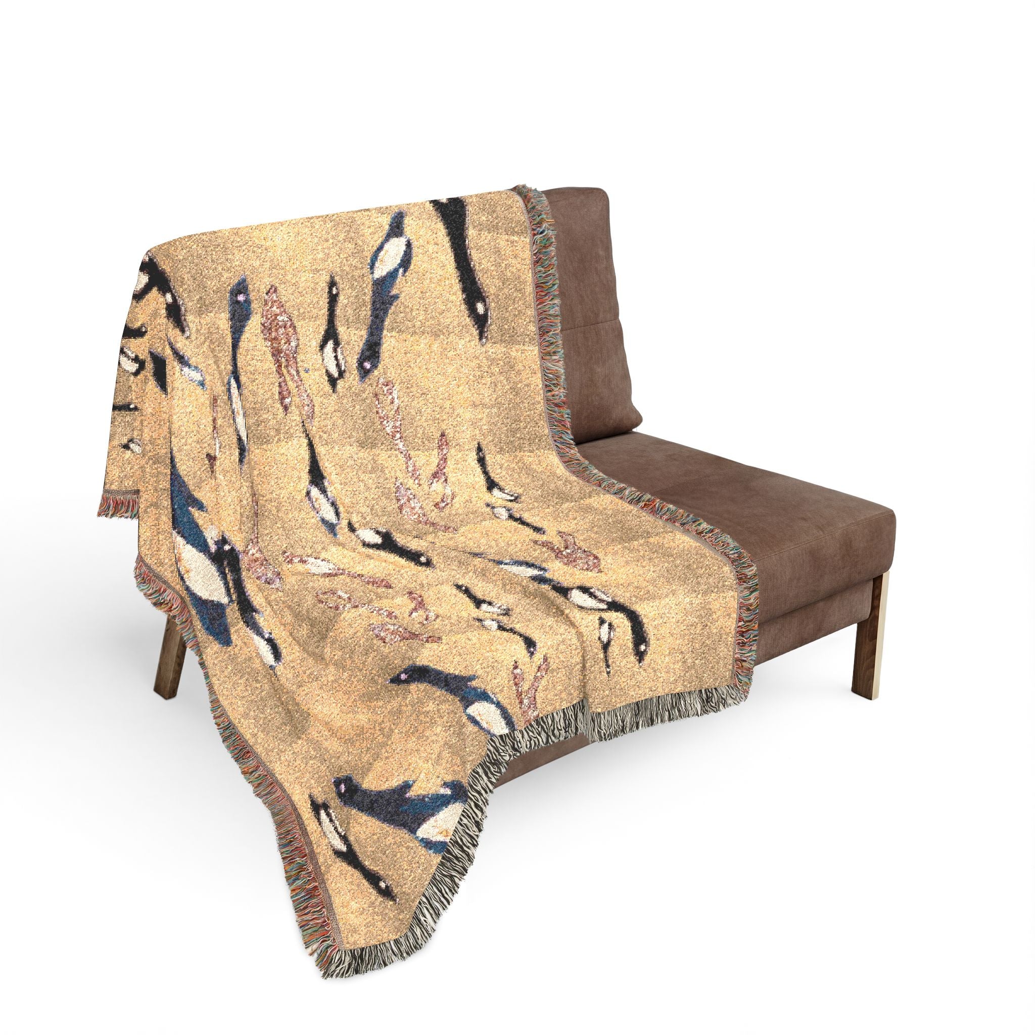 "Fly Me to the Moon" Gold and Bronze Bird Tapestry - Woven Textile - Warm Throw Blanket - Nautical
