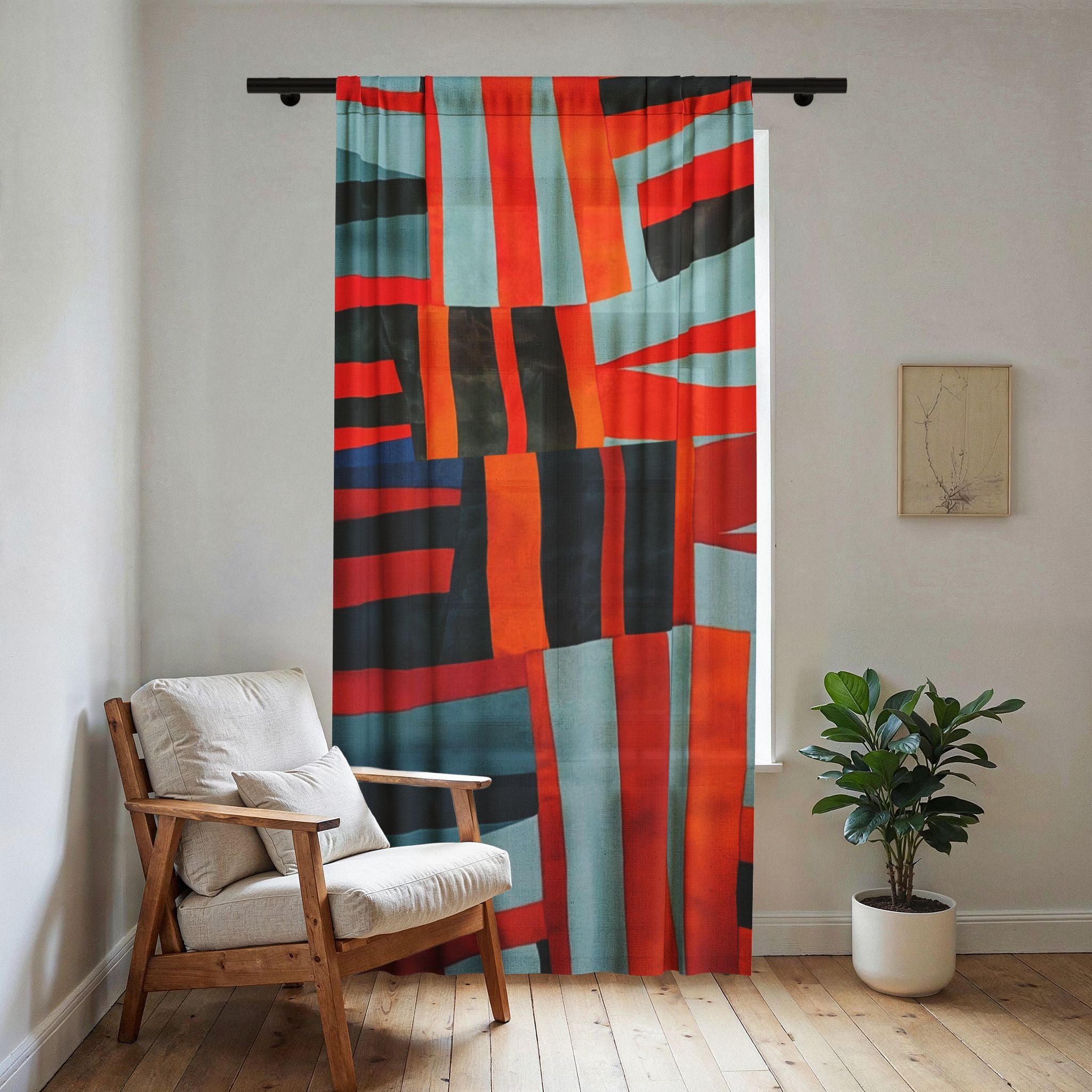 "Samuel" Abstract Red & Teal Sheer Curtain - Modern Geometric Window Panel