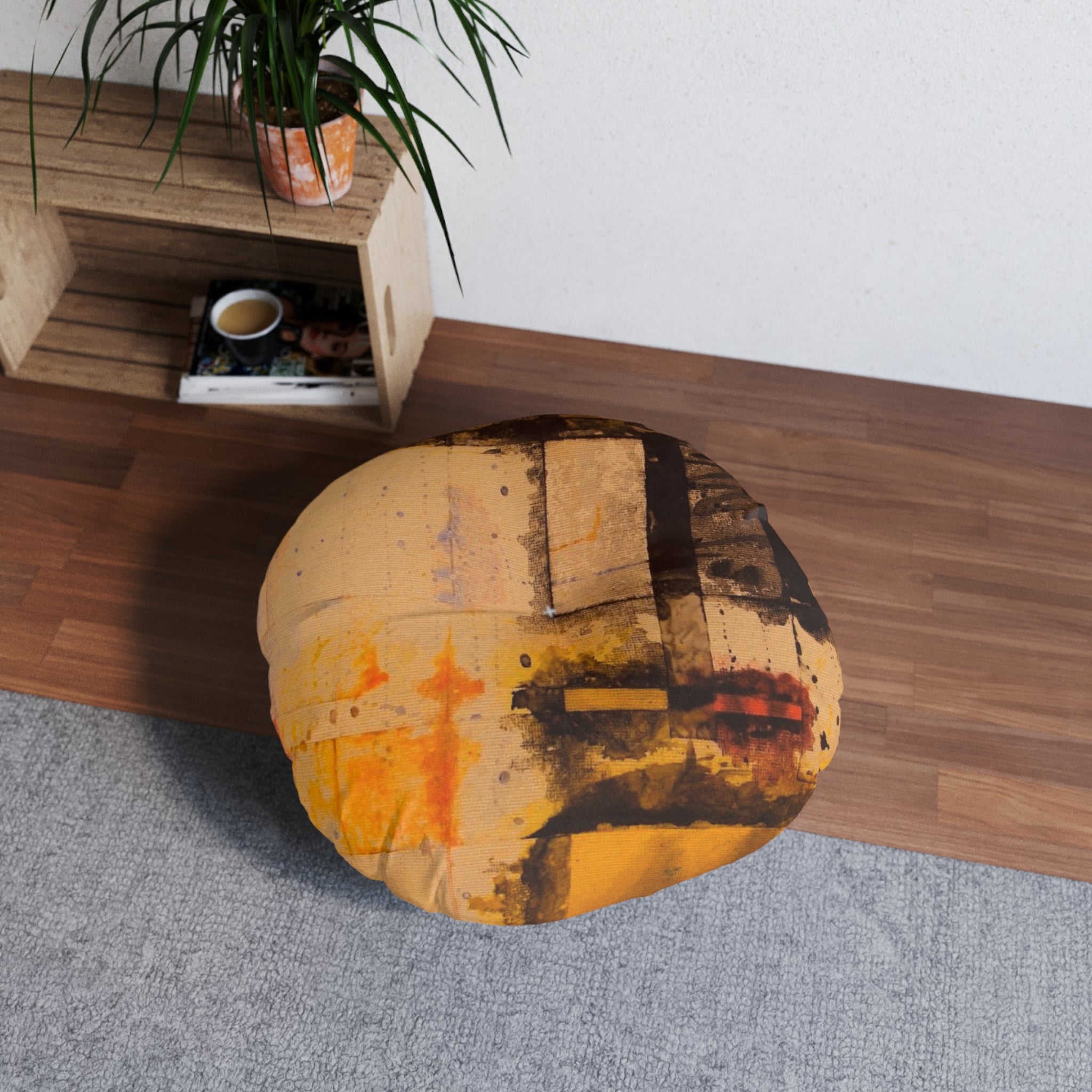 "Dance in the Rain" Abstract Ochre Tufted Floor Pillow — Round Boho Accent Cushion